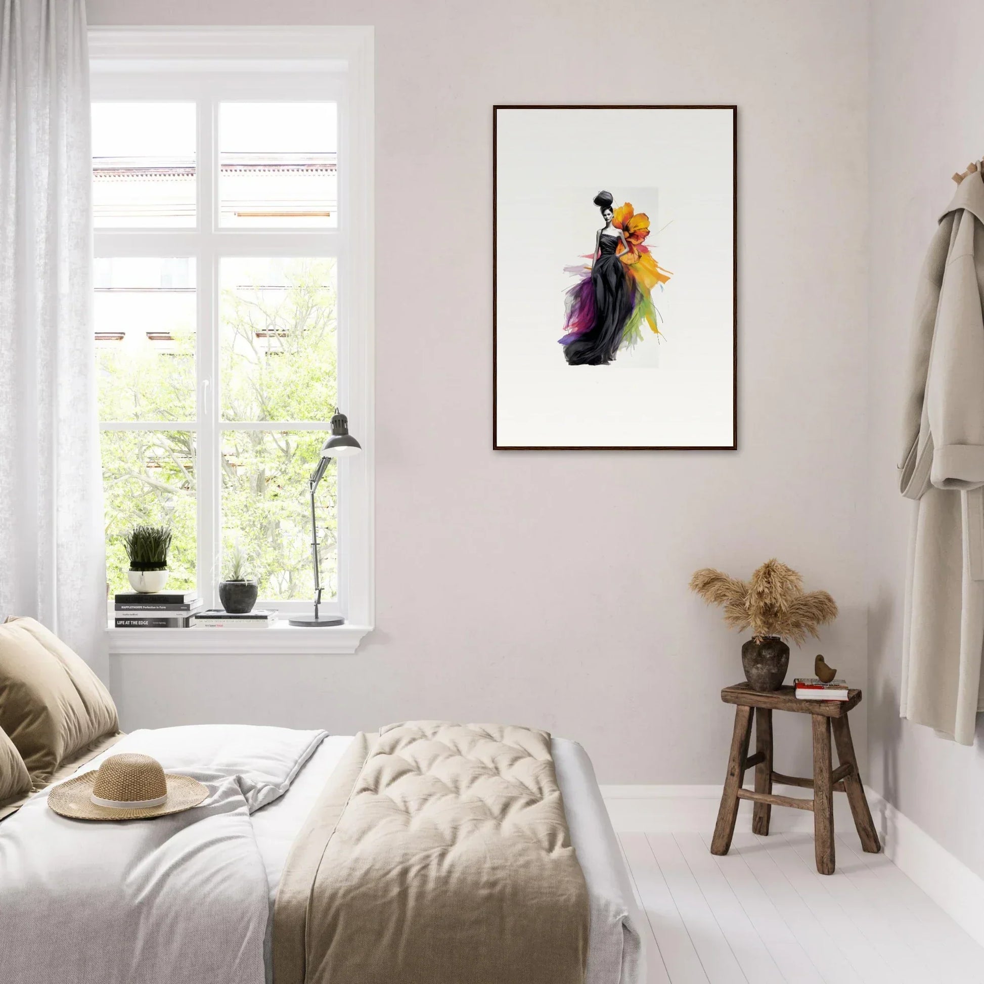 Minimalist bedroom showcasing Petaled Midnight Maiden framed wall art on a pale wall