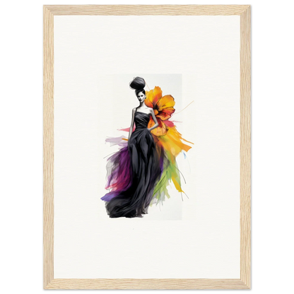 Elegant fashion illustration of Petaled Midnight Maiden with a black gown and rainbow flourishes