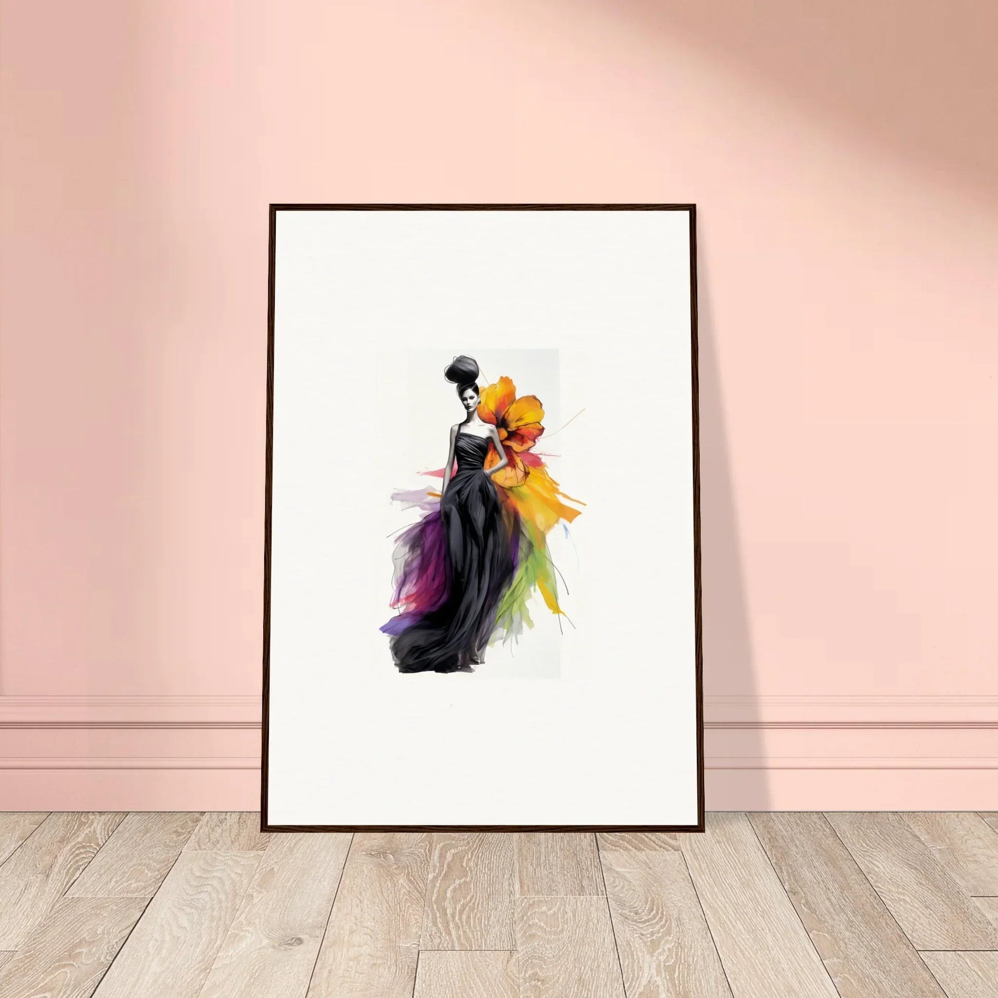 Framed wall art of Petaled Midnight Maiden, a watercolor of a dancing couple