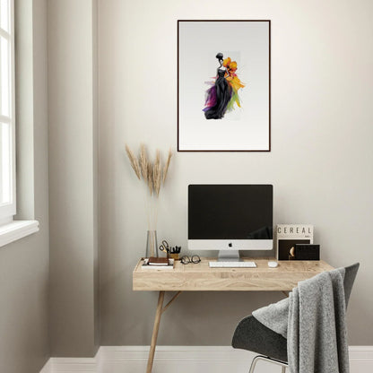 Minimalist workspace featuring Petaled Midnight Maiden framed wall art and iMac setup