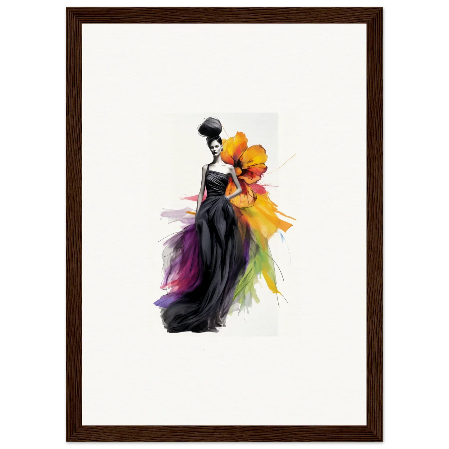 Fashion illustration of Petaled Midnight Maiden gown with rainbow accents for framed wall art