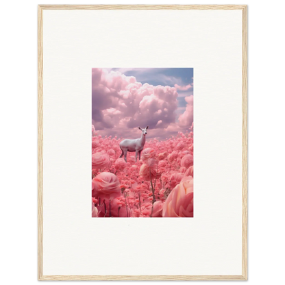 White deer among pink flowers under clouds in a dreamy canvas print for room decoration