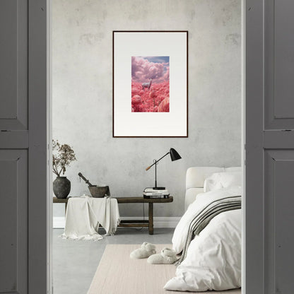 Framed canvas print of a deer in a pink landscape for stylish room decoration