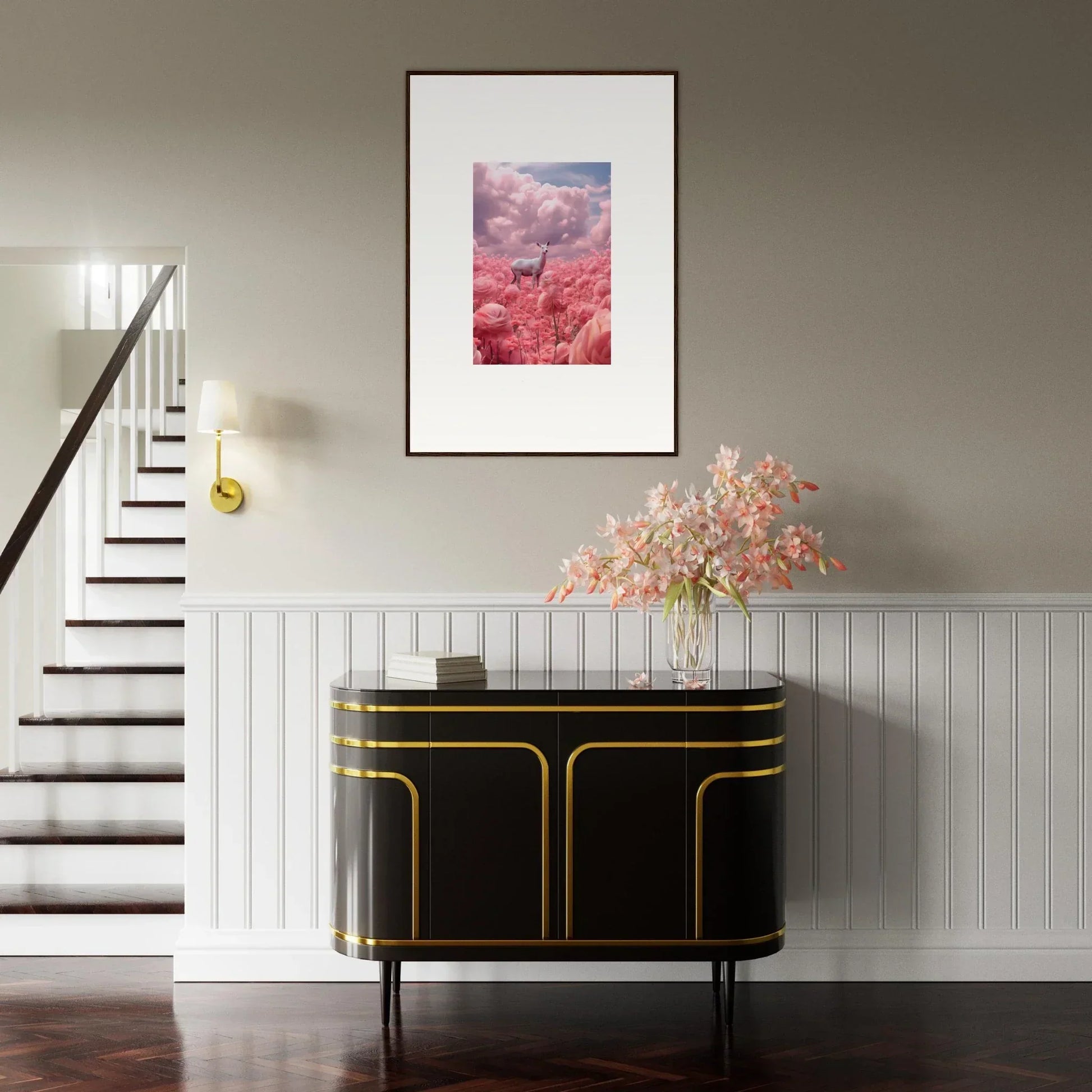 Elegant black sideboard with gold trim and pink flowers for stylish room decoration