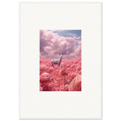 Deer surrounded by pink flowers under clouds, perfect for room decoration canvas print