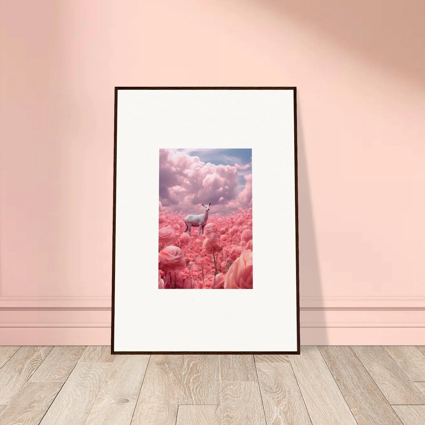 Framed wall art of a deer in a pink field, perfect for room decoration