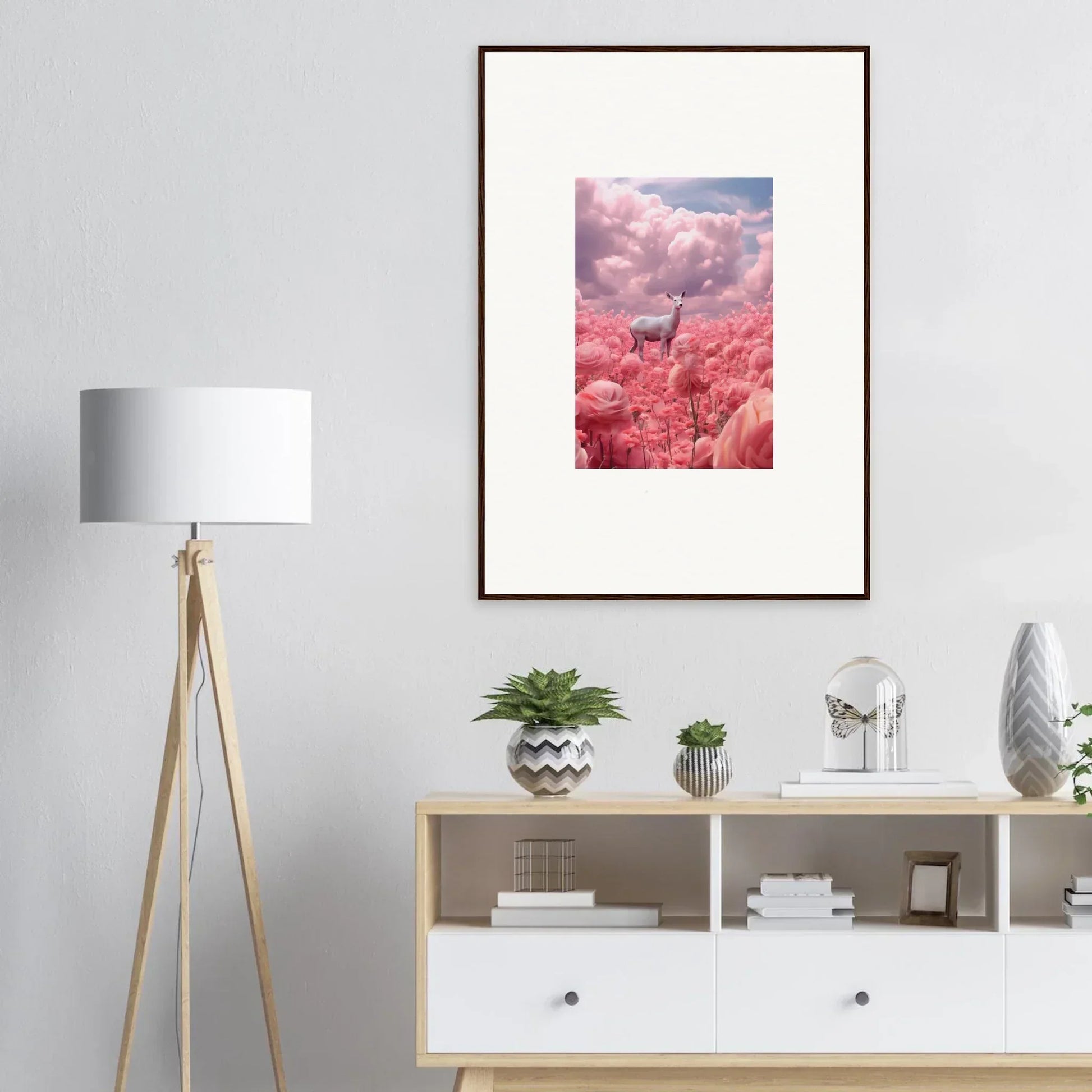 Framed canvas print of a giraffe in pink foliage, perfect wall art for room decoration