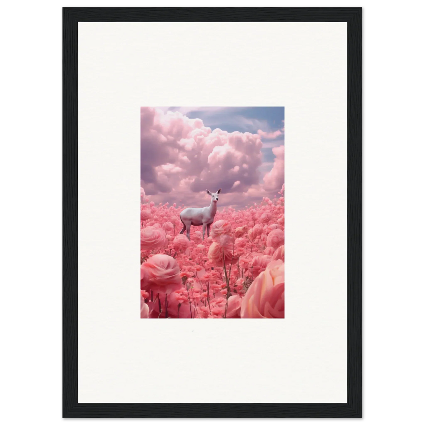 Deer among pink flowers under clouds, perfect for room decoration canvas print wall art