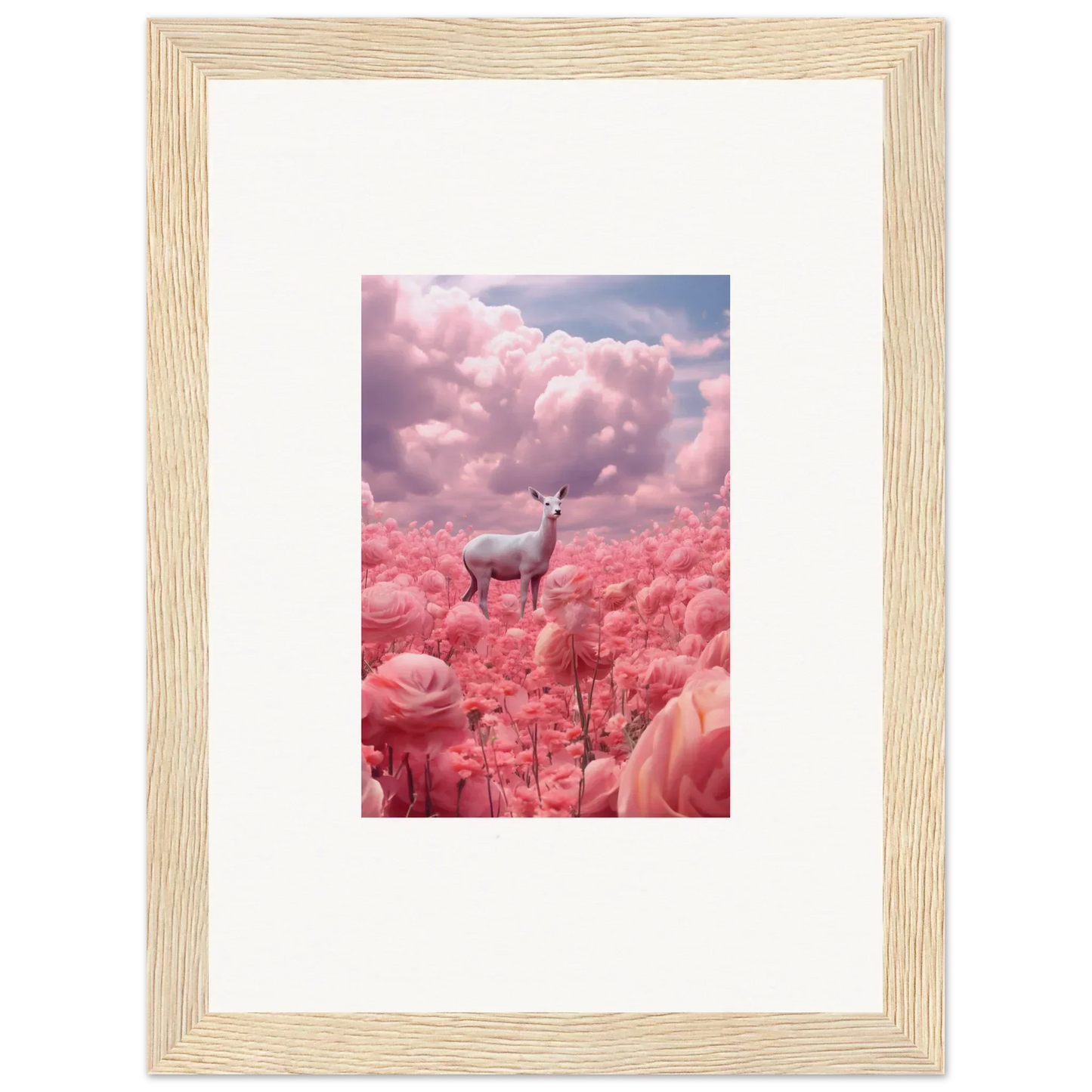 Deer in pink flowers under clouds, perfect for room decoration wall art canvas print