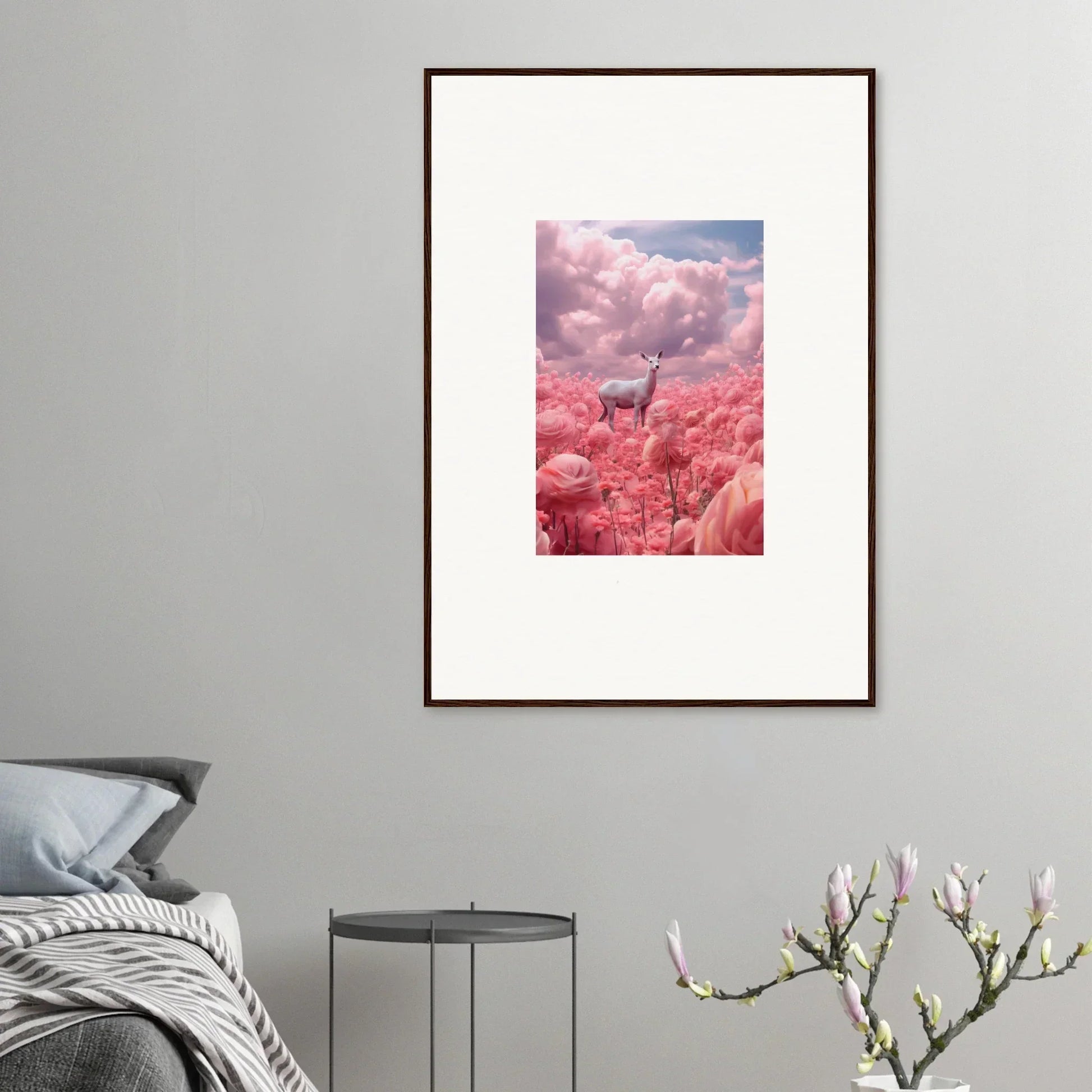 Framed Petaled Phantasm canvas print of a giraffe in a surreal pink landscape wall art