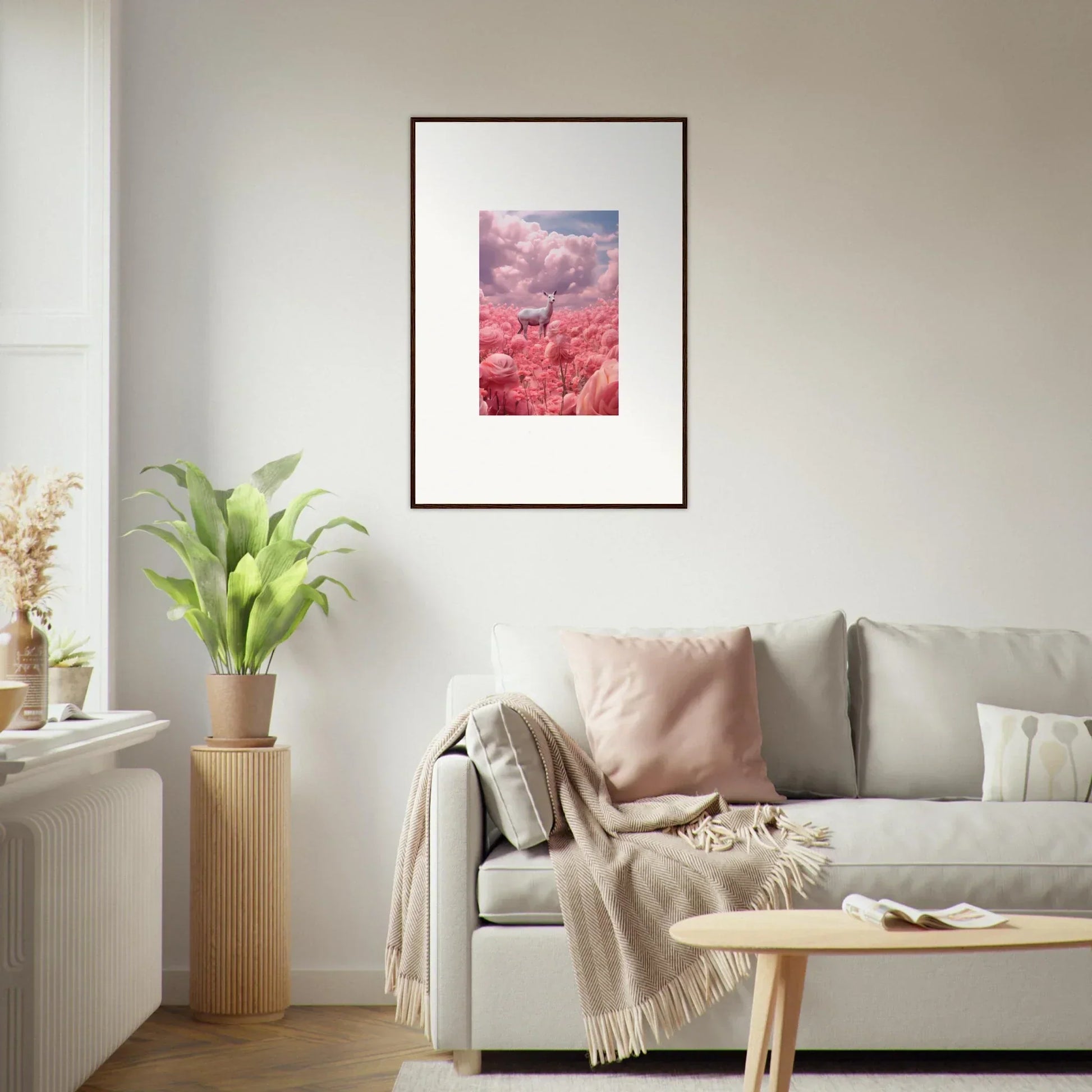 Framed canvas print of a deer in a pink-hued landscape for stylish room decoration