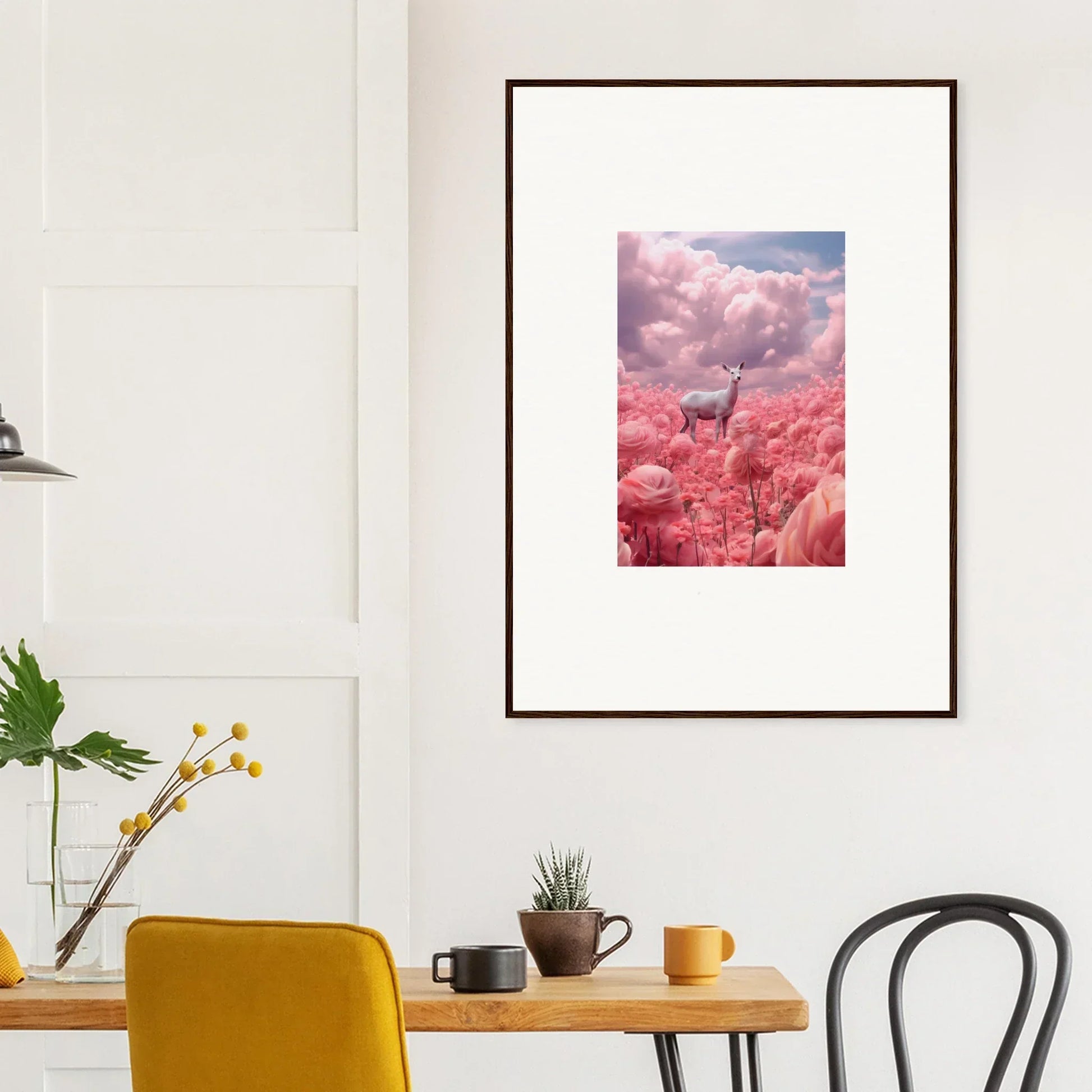 Framed wall art of a deer in a surreal pink landscape - perfect for room decoration