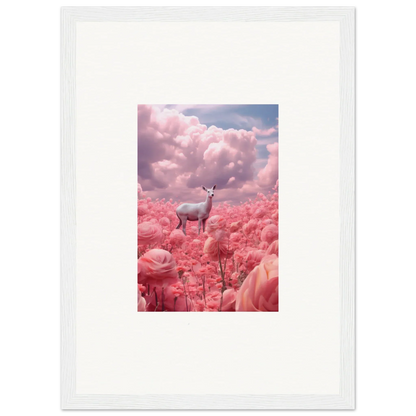 Deer among pink flowers under a cloudy sky, perfect canvas print for room decoration