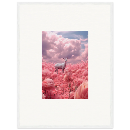 Deer surrounded by pink flowers under rosy clouds in Petaled Phantasm wall art