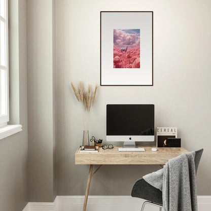 Minimalist wooden desk with a computer and Petaled Phantasm wall art above for room decoration