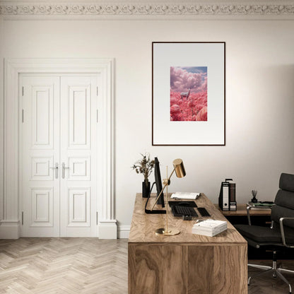 Wooden desk with office items and Petaled Phantasm canvas print for room decoration