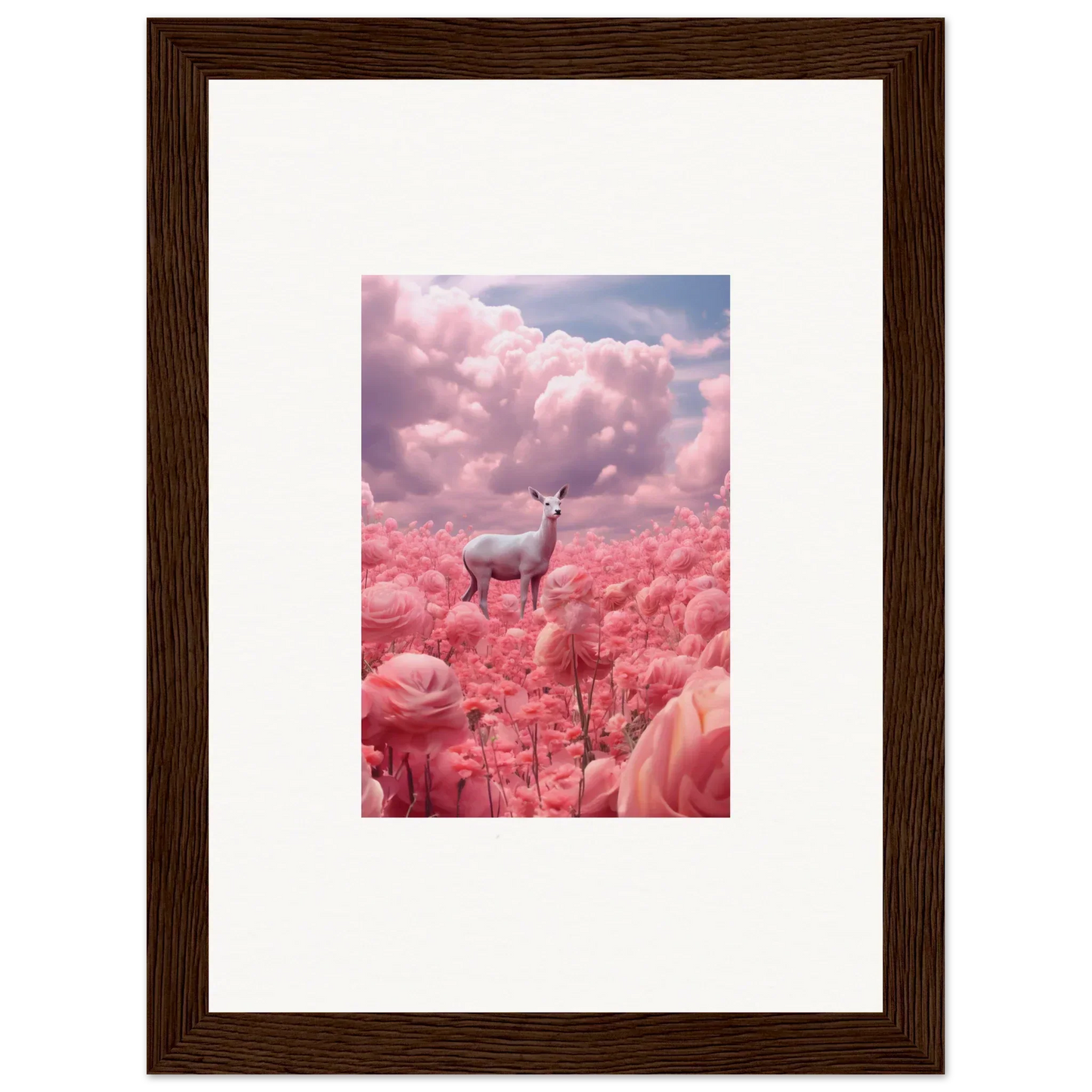 White deer surrounded by pink flowers in a dreamy canvas print for room decoration