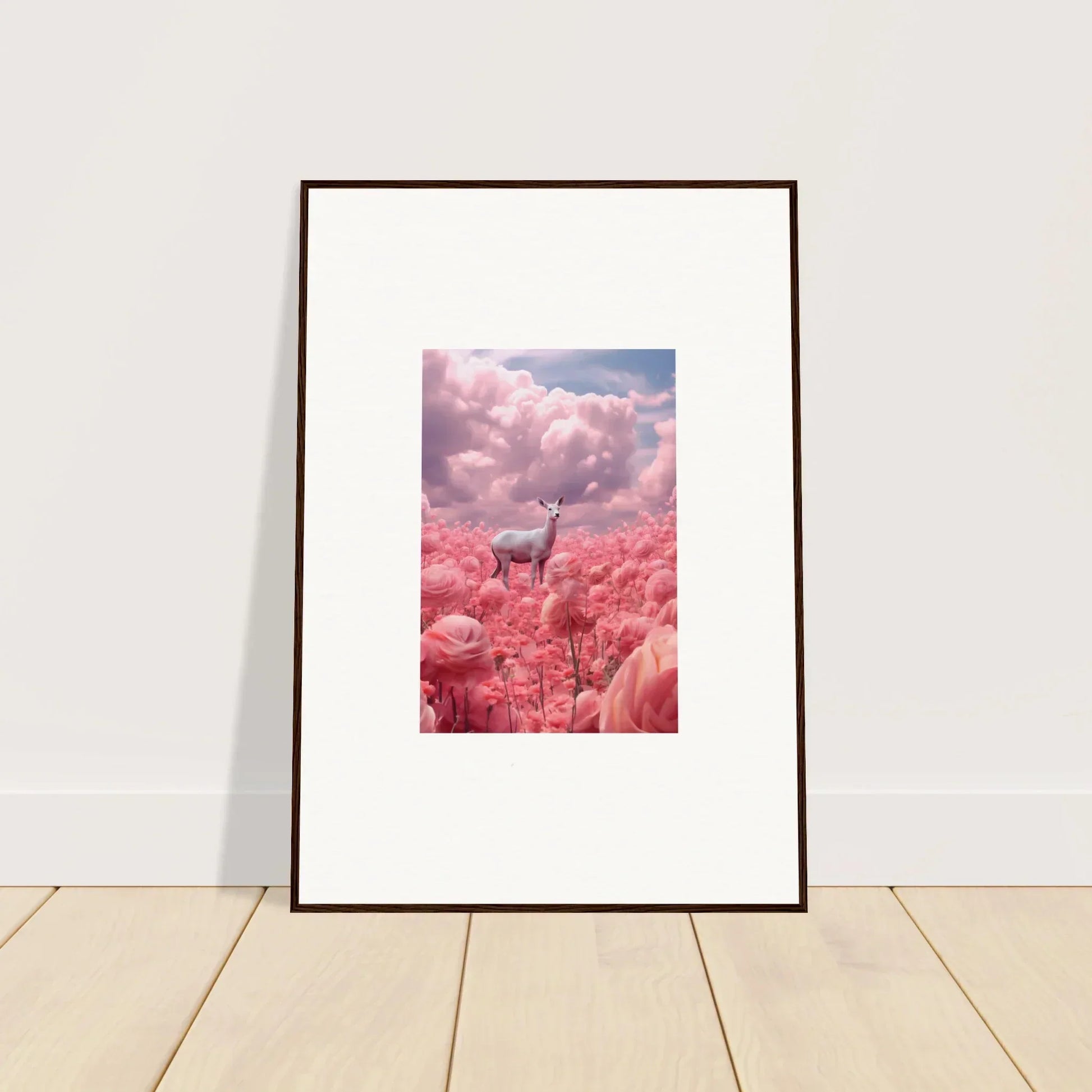 Framed canvas print of a deer in a pink floral field, perfect for room decoration