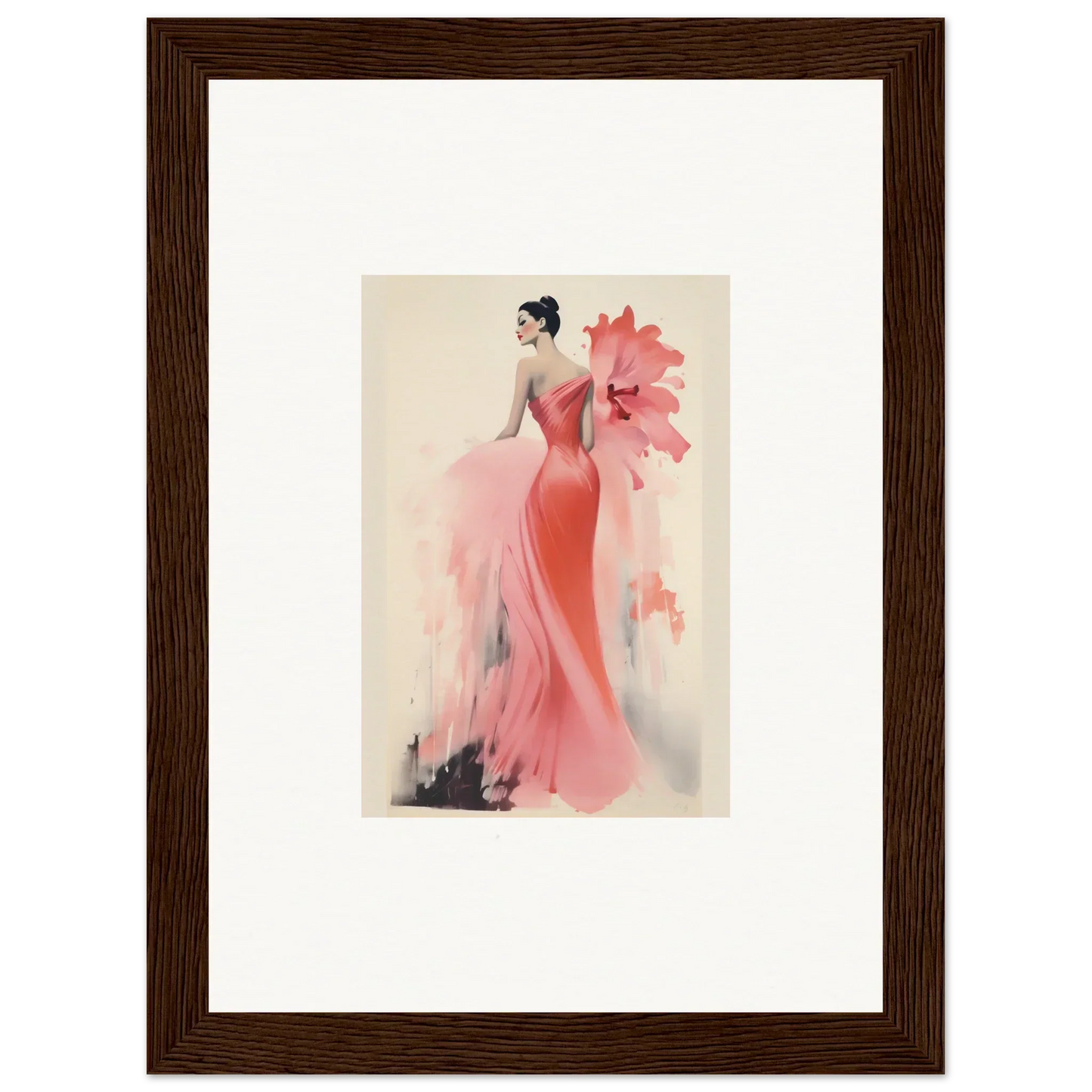 Fashion illustration of a model in a coral gown for Petal’ed Reverie Silence framed art