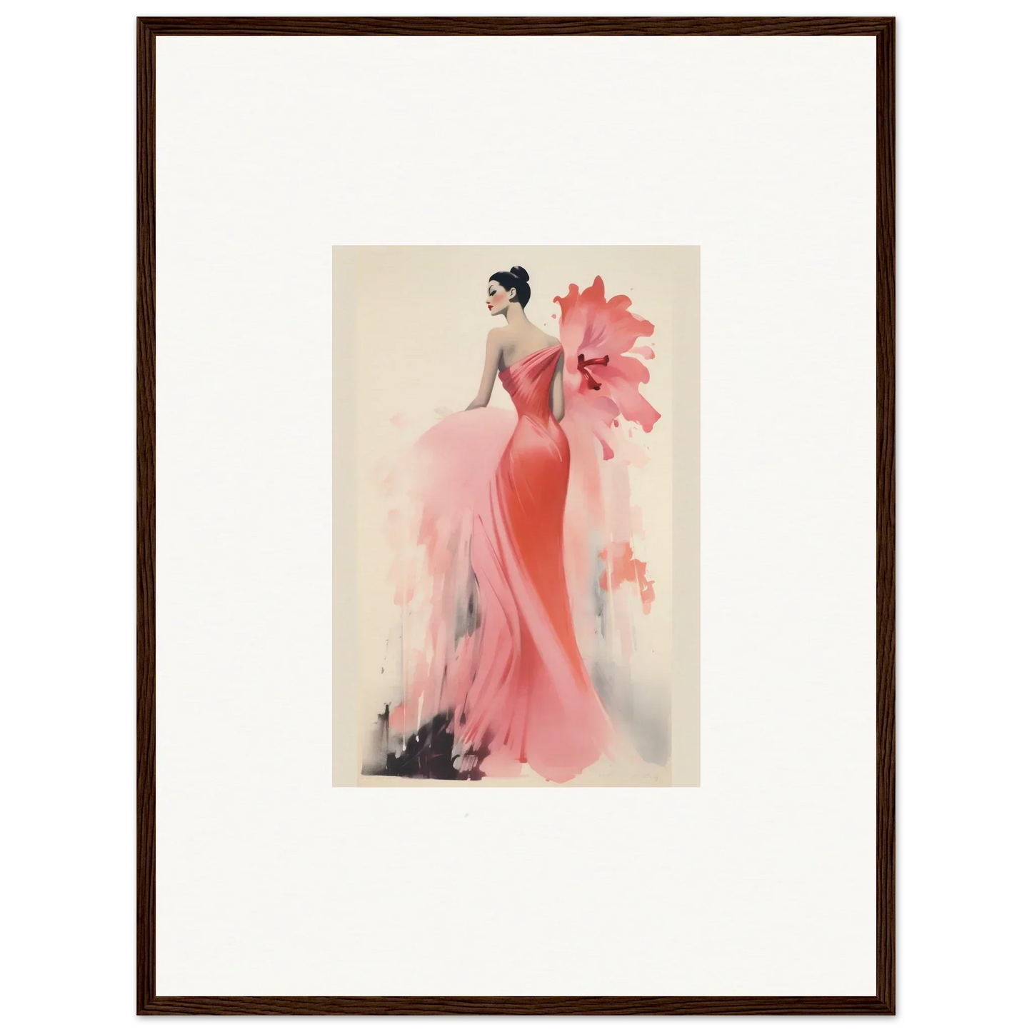 Elegant watercolor figure in coral gown from Petal’ed Reverie Silence special edition art™