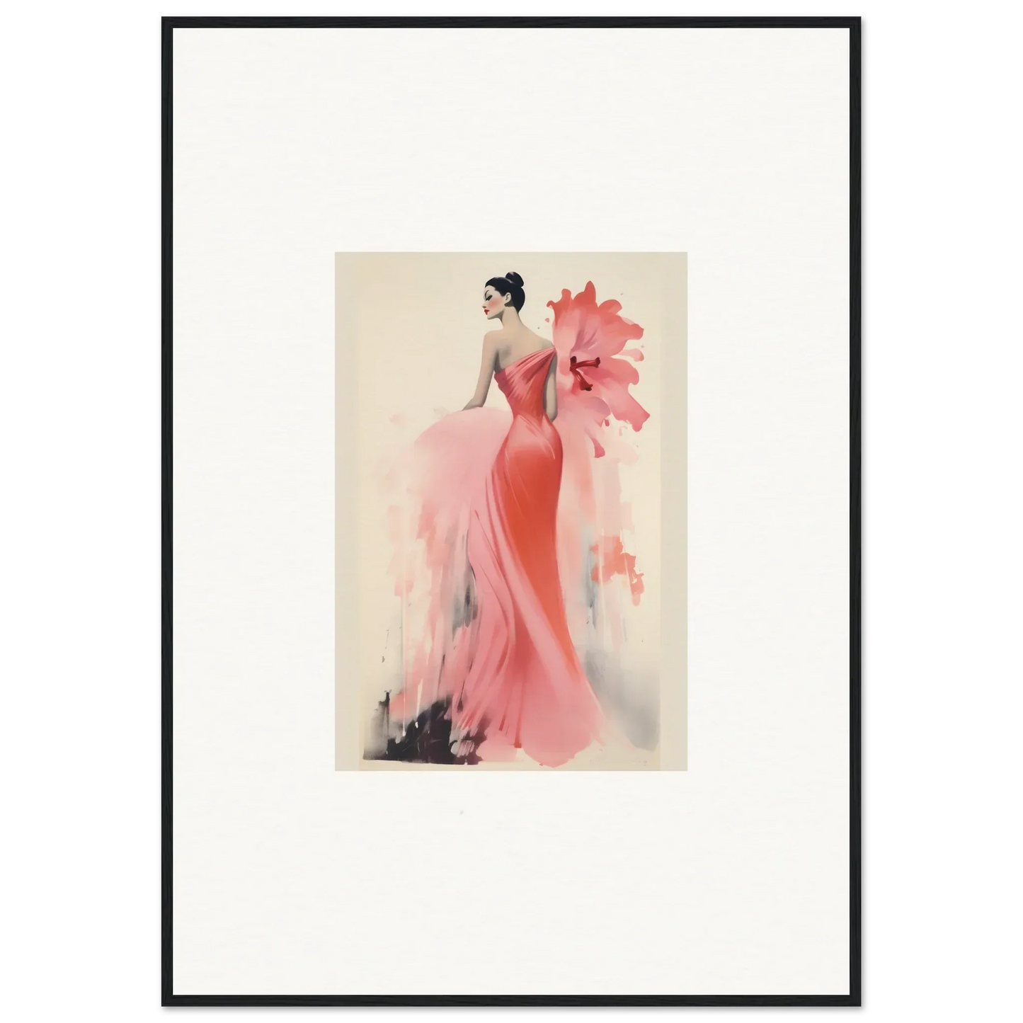 Elegant fashion illustration of a figure in a coral gown for Petal’ed Reverie Silence