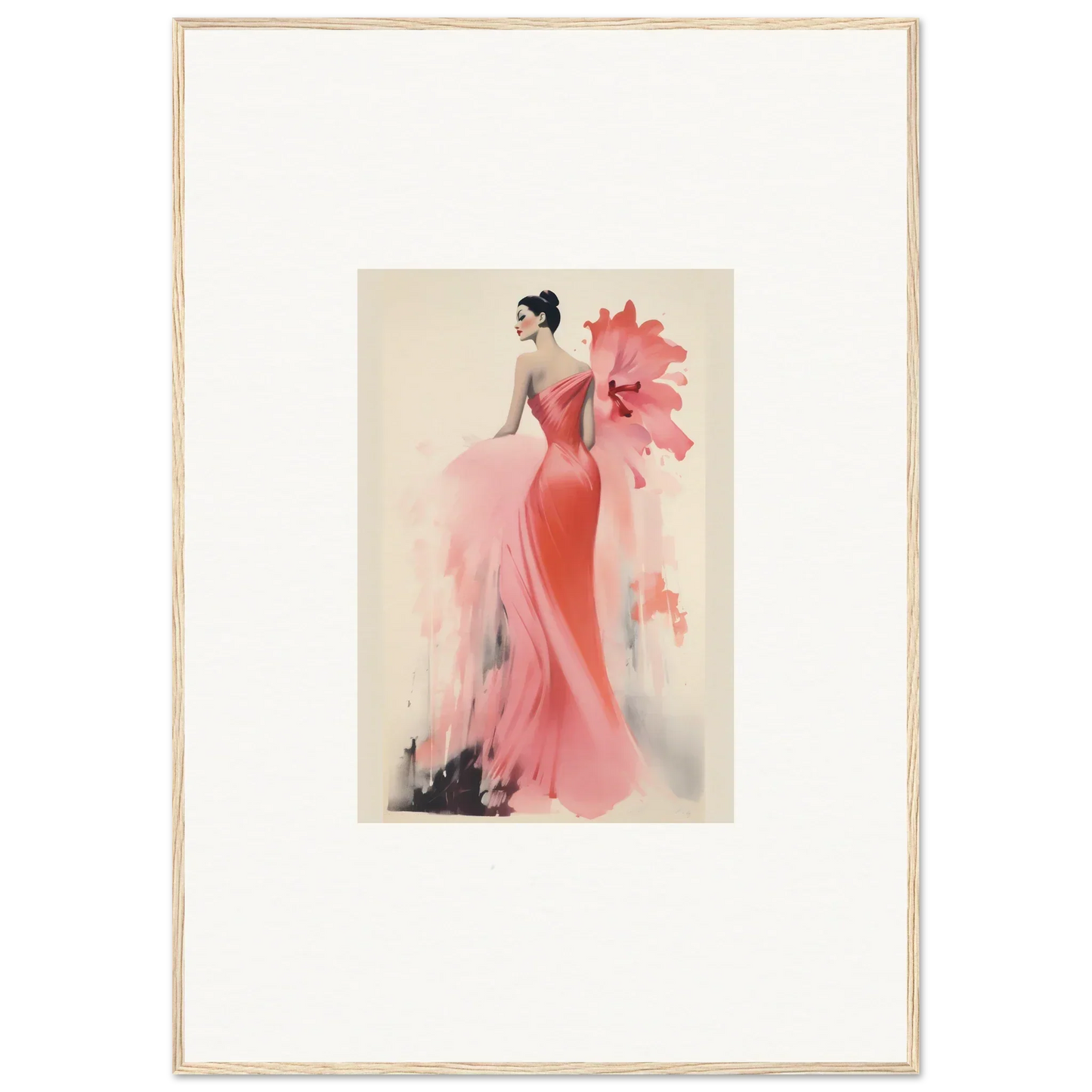 Elegant fashion illustration of a flowing coral gown for Petal’ed Reverie Silence