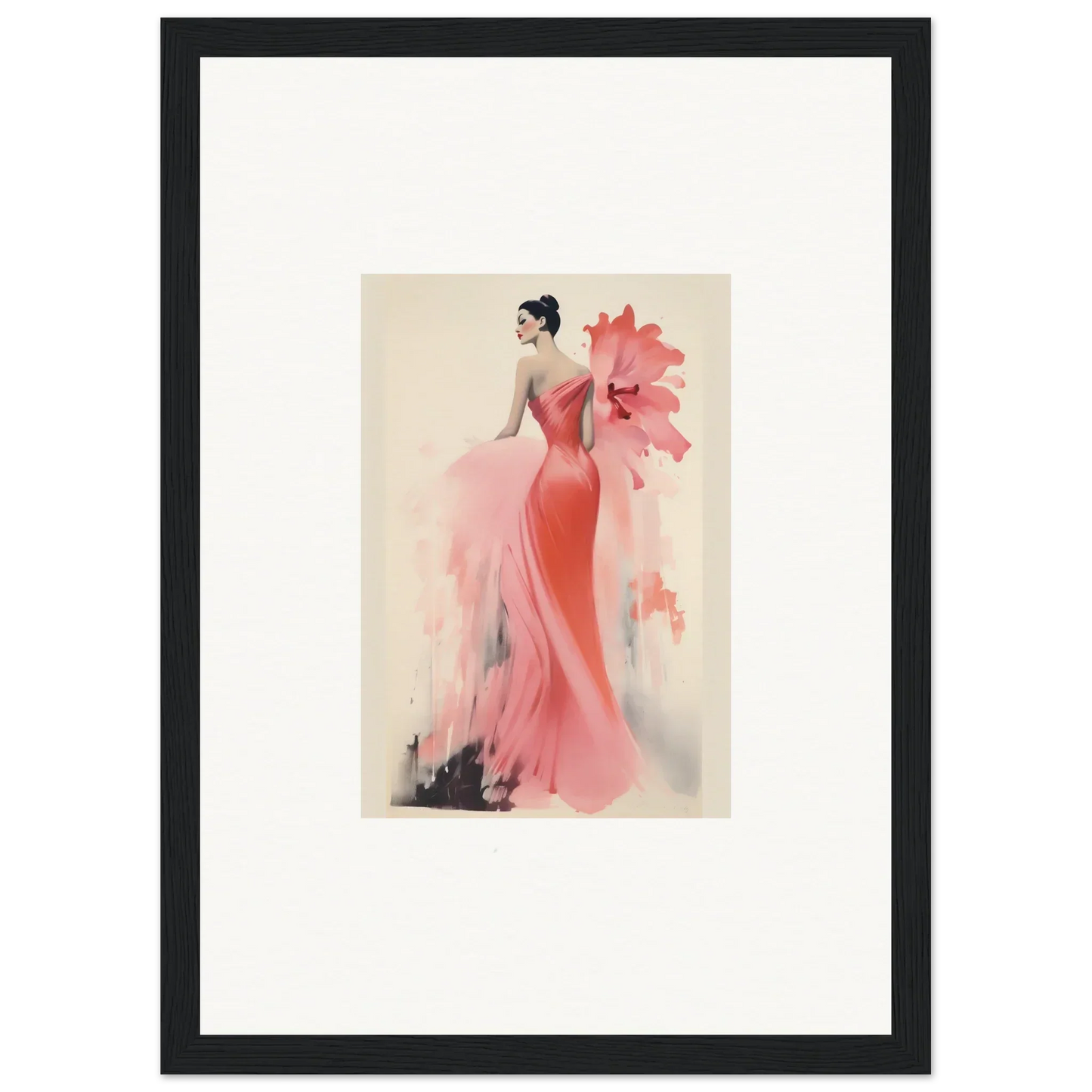 Elegant fashion illustration of a figure in a coral gown from Petal’ed Reverie Silence