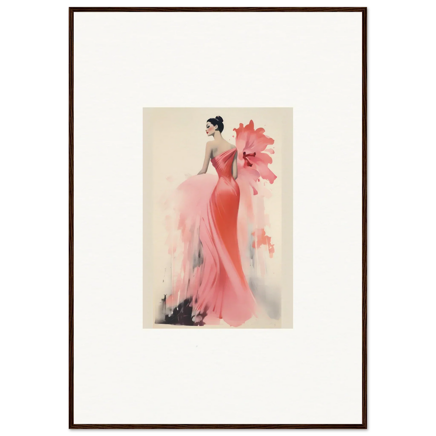 Elegant fashion illustration of a figure in a flowing coral gown from Petal’ed Reverie Silence