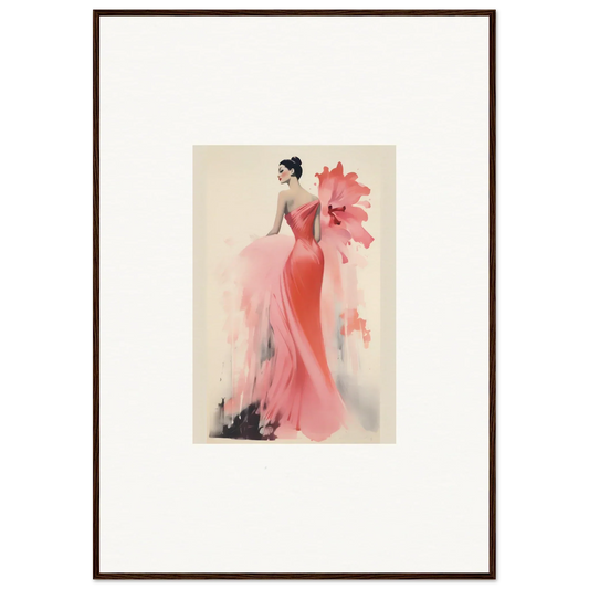 Elegant fashion illustration of a figure in a flowing coral gown from Petal’ed Reverie Silence