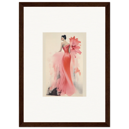 Watercolor fashion illustration of a figure in a coral gown from Petal’ed Reverie Silence