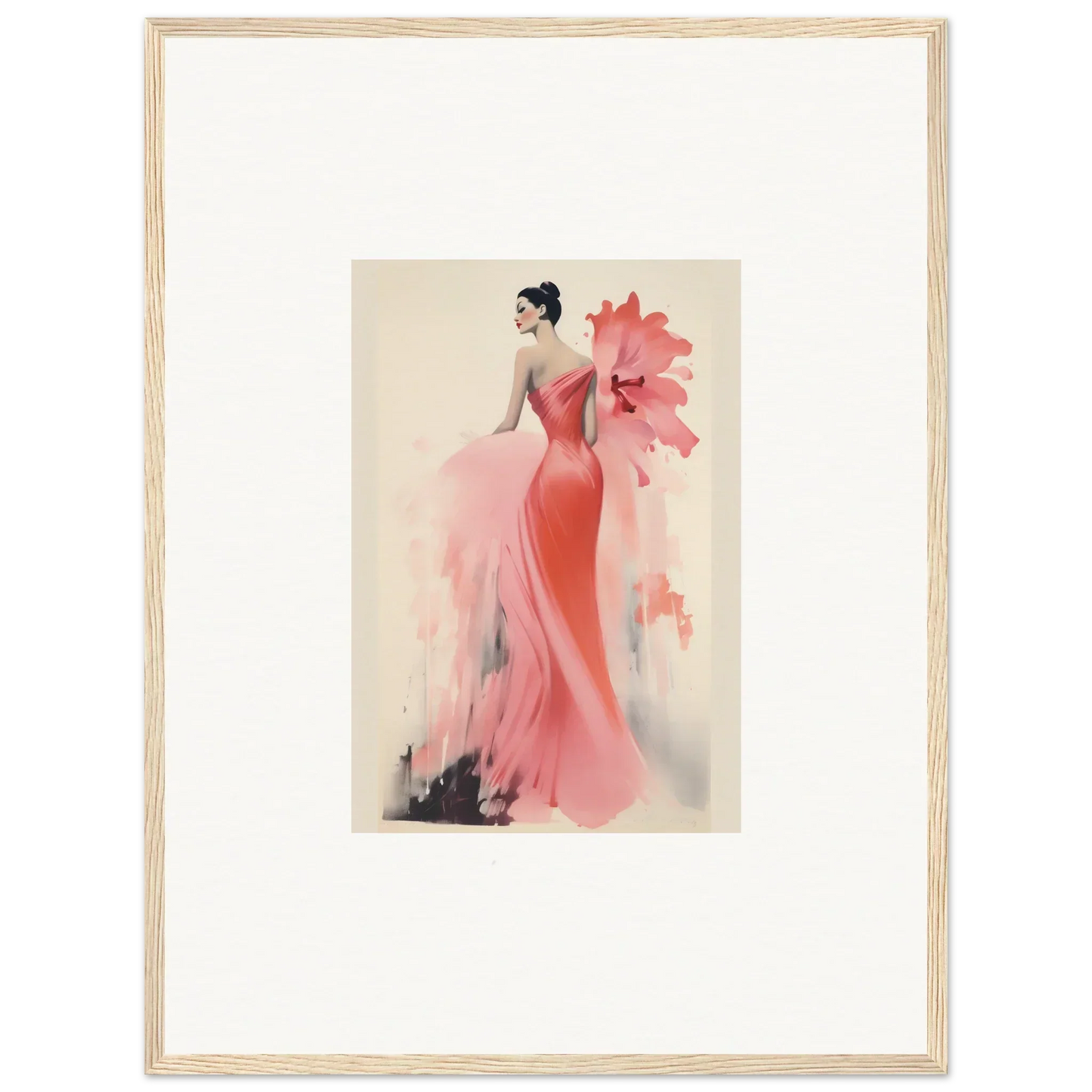 Elegant fashion illustration of a coral gown with floral accents for Petal’ed Reverie Silence