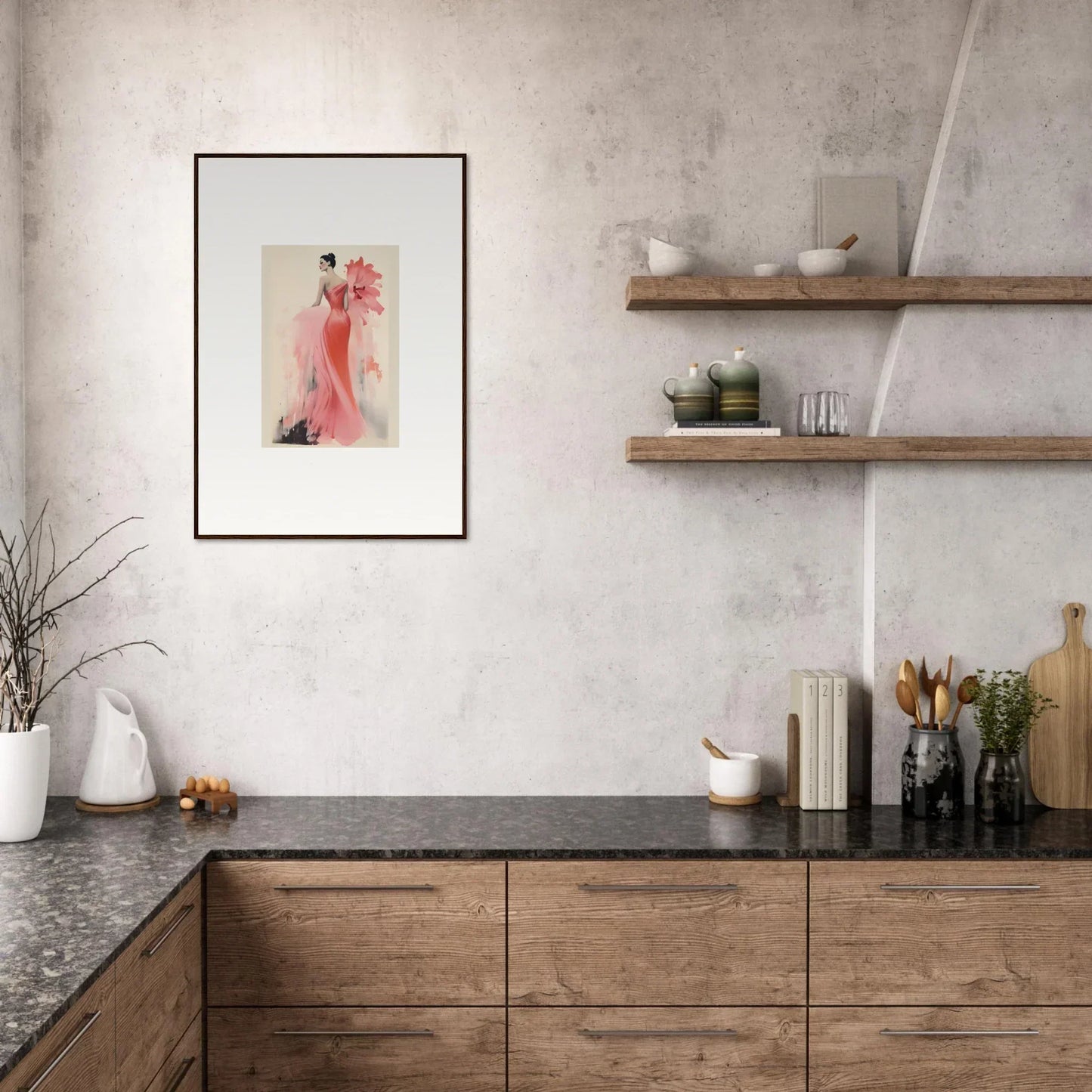 Modern kitchen with wooden cabinets and dark stone countertops in Petal’ed Reverie Silence