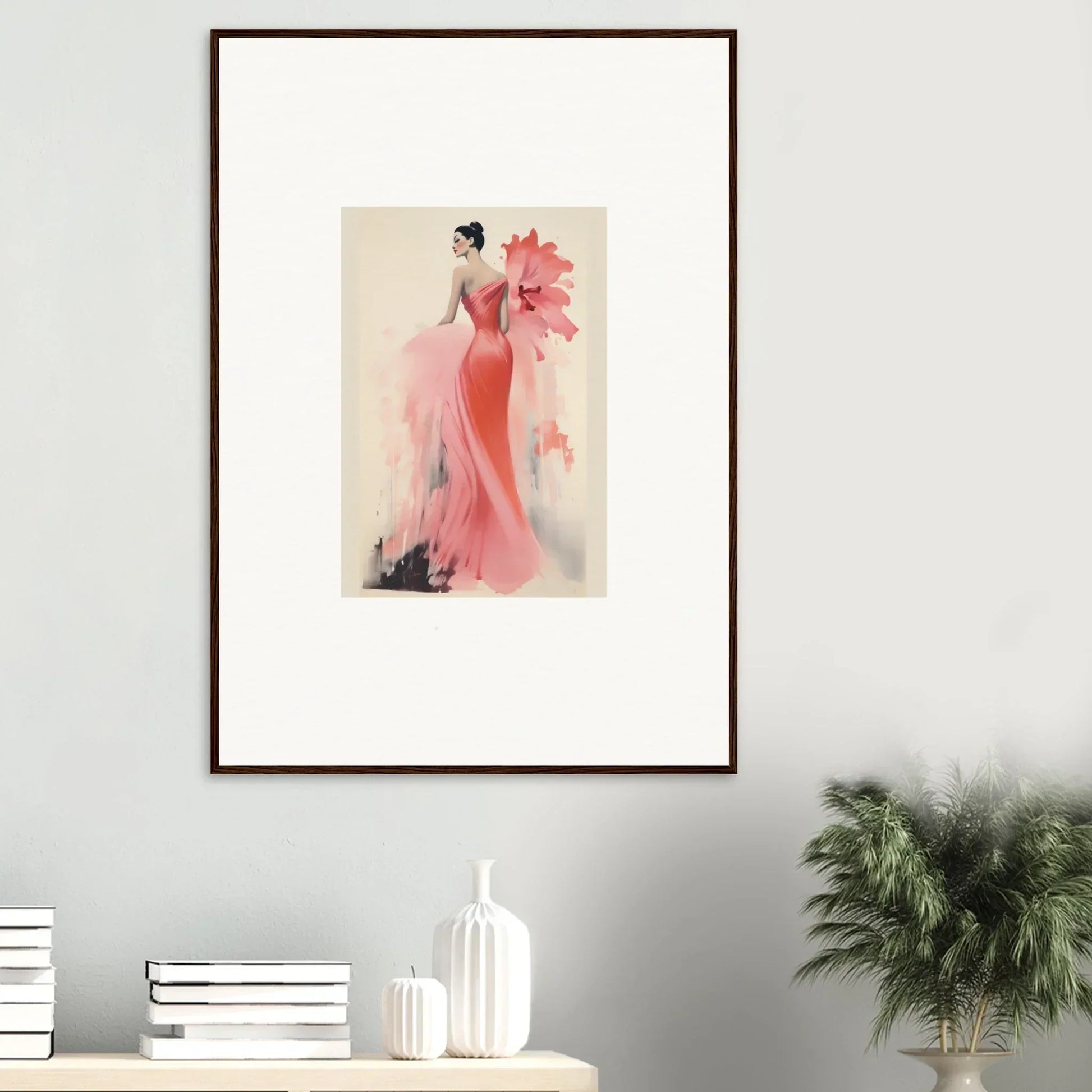 Framed wall art of a figure in a flowing pink gown from Petal’ed Reverie Silence