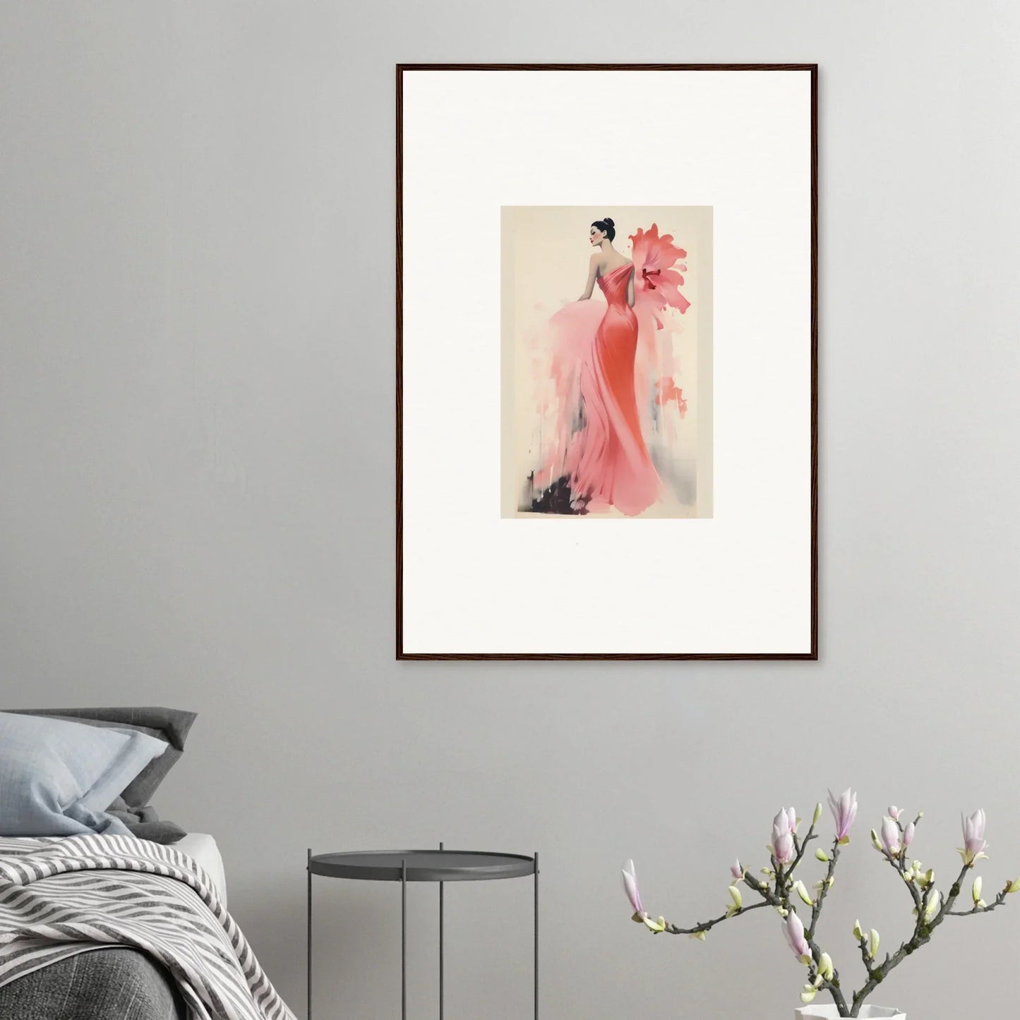 Framed wall art of Petal’ed Reverie Silence with a figure in a pink gown and flowers