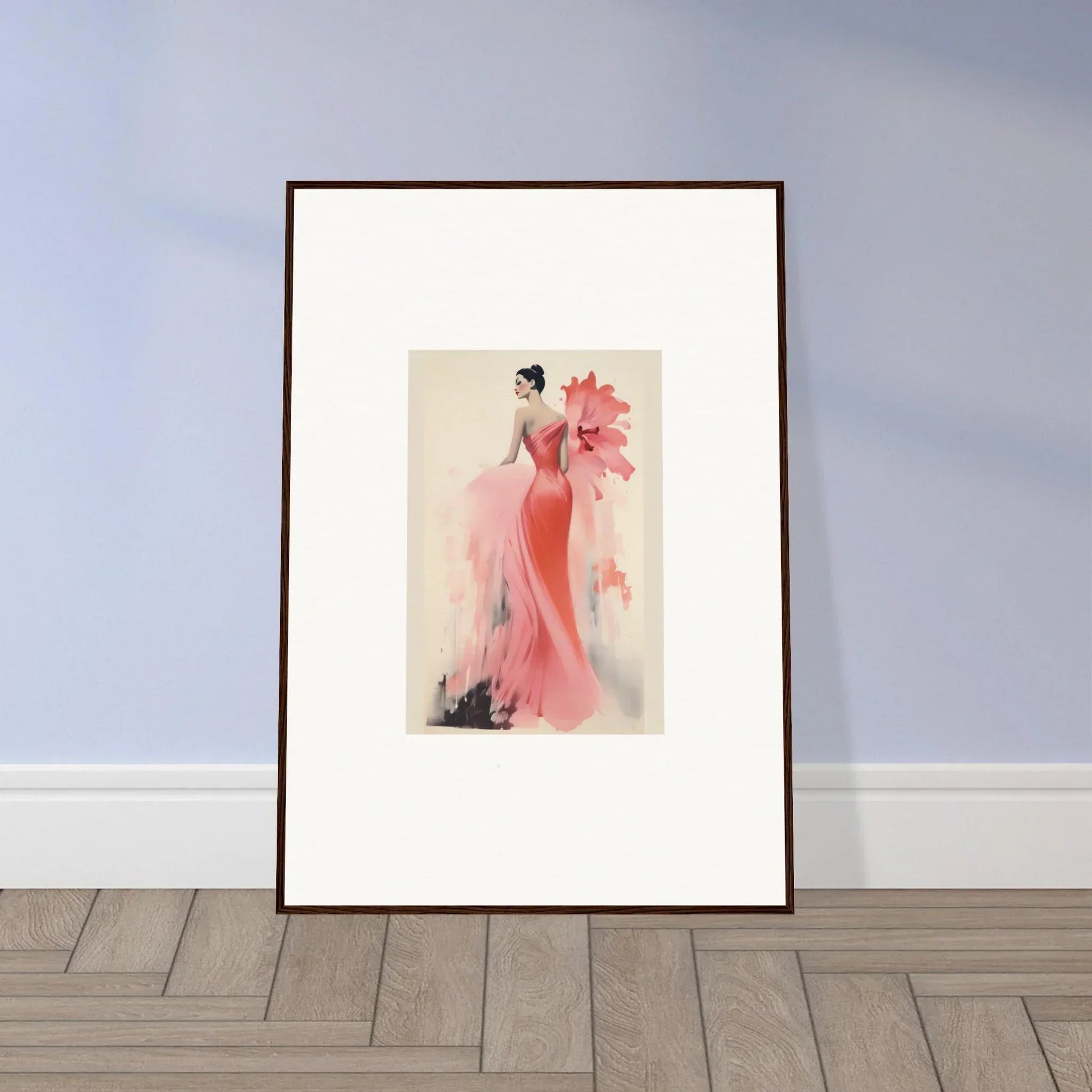 Framed wall art of Petal’ed Reverie Silence featuring a figure in a pink floral gown