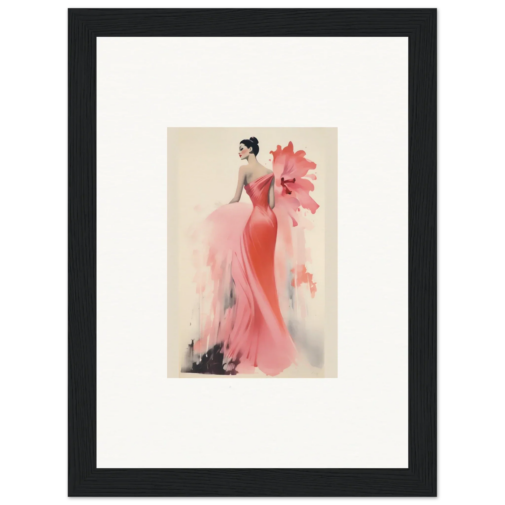 Elegant fashion illustration of a figure in a coral gown from Petal’ed Reverie Silence