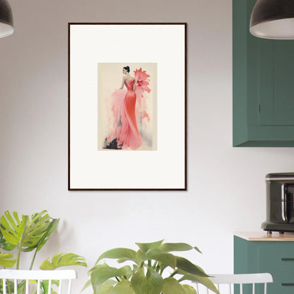 Framed wall art of a figure in a coral gown from Petal’ed Reverie Silence collection