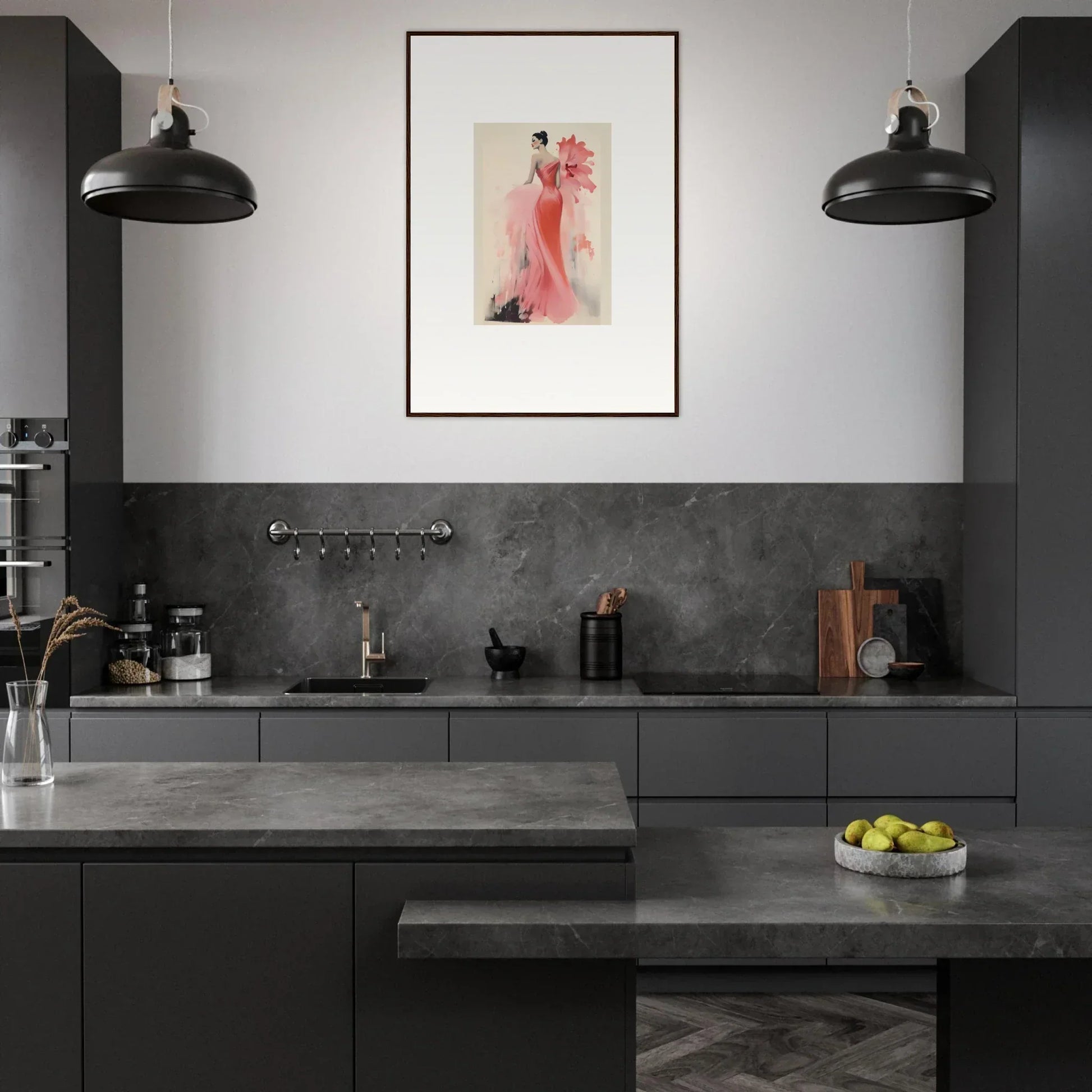 Modern dark gray kitchen with Petal’ed Reverie Silence framed wall art and industrial lights