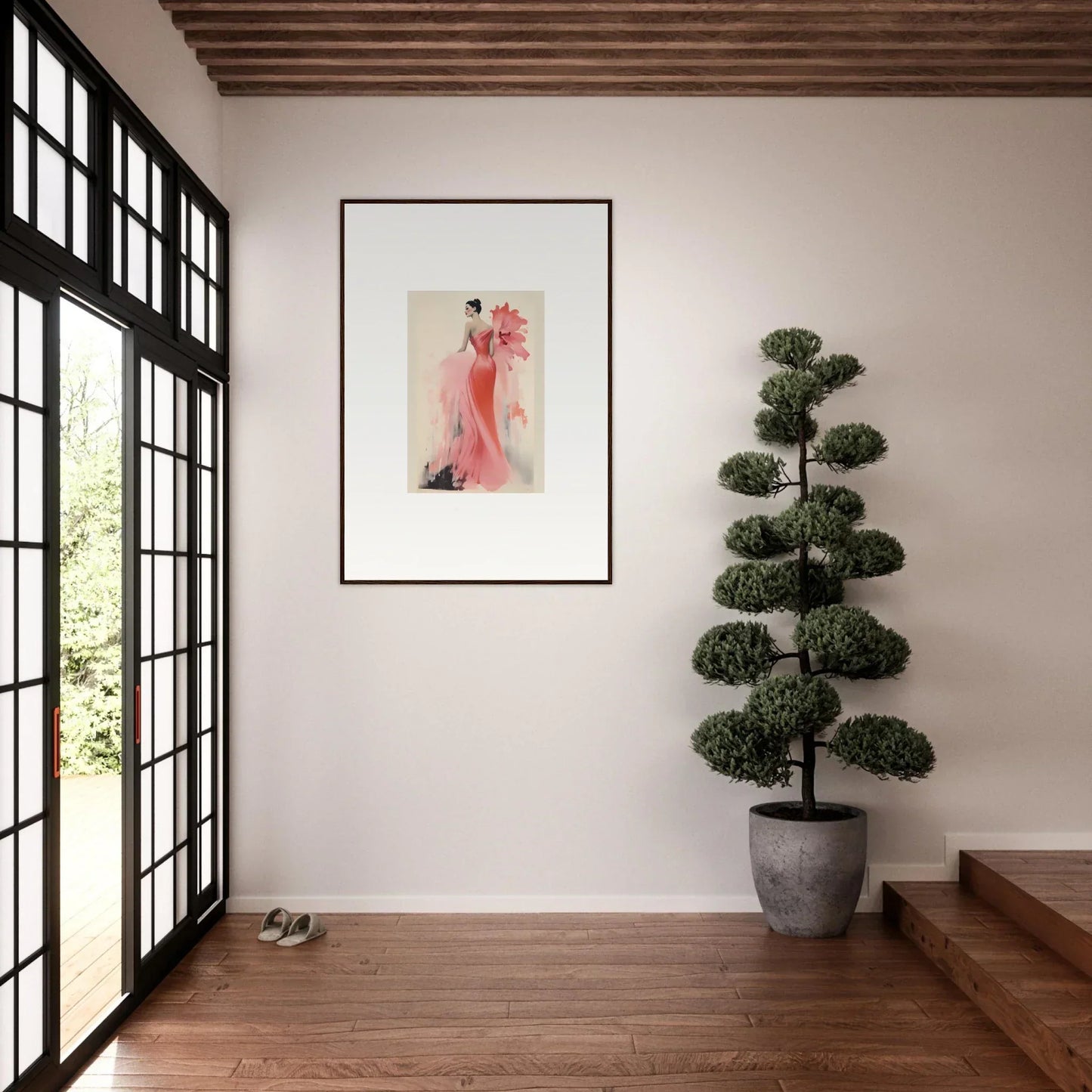 Framed wall art of a figure in a pink dress from Petal’ed Reverie Silence collection