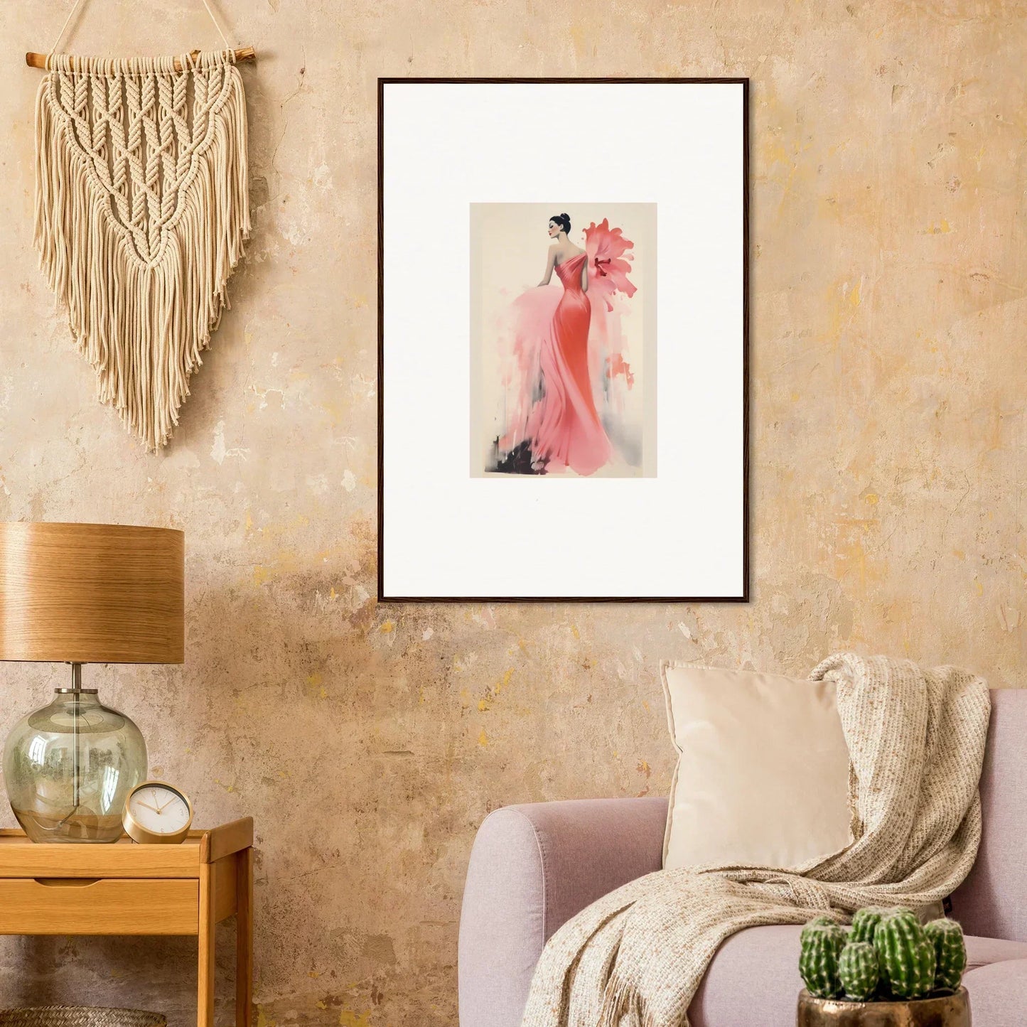 Framed watercolor art of a figure in a pink dress from Petal’ed Reverie Silence