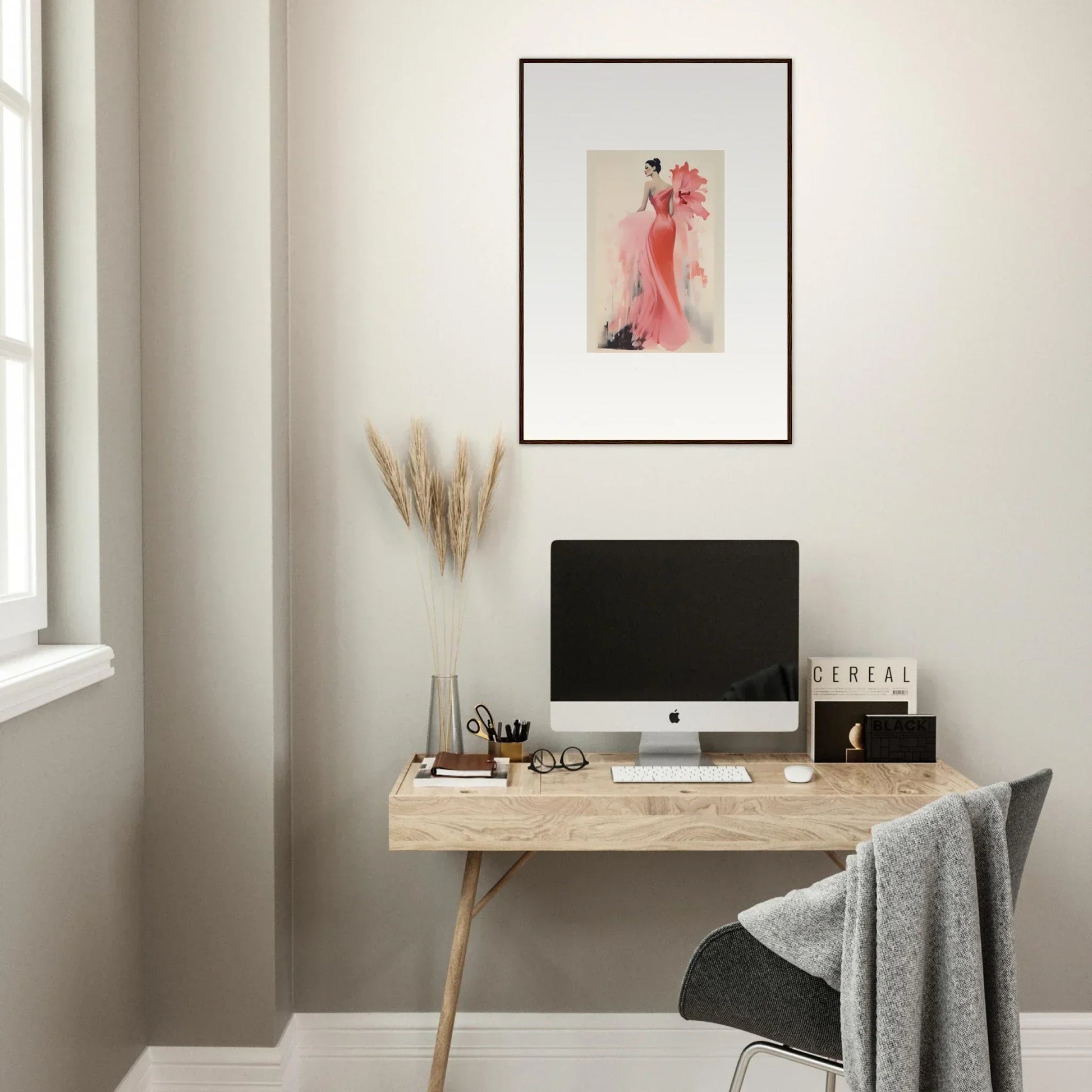 Minimalist wooden desk with iMac and simple decor in Petal’ed Reverie Silence vibe