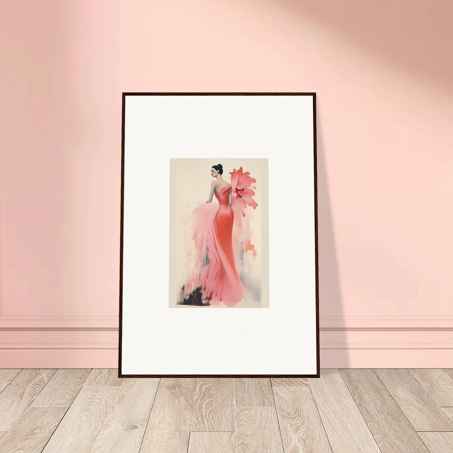 Framed wall art of a flowing pink gown with floral accents from Petal’ed Reverie Silence