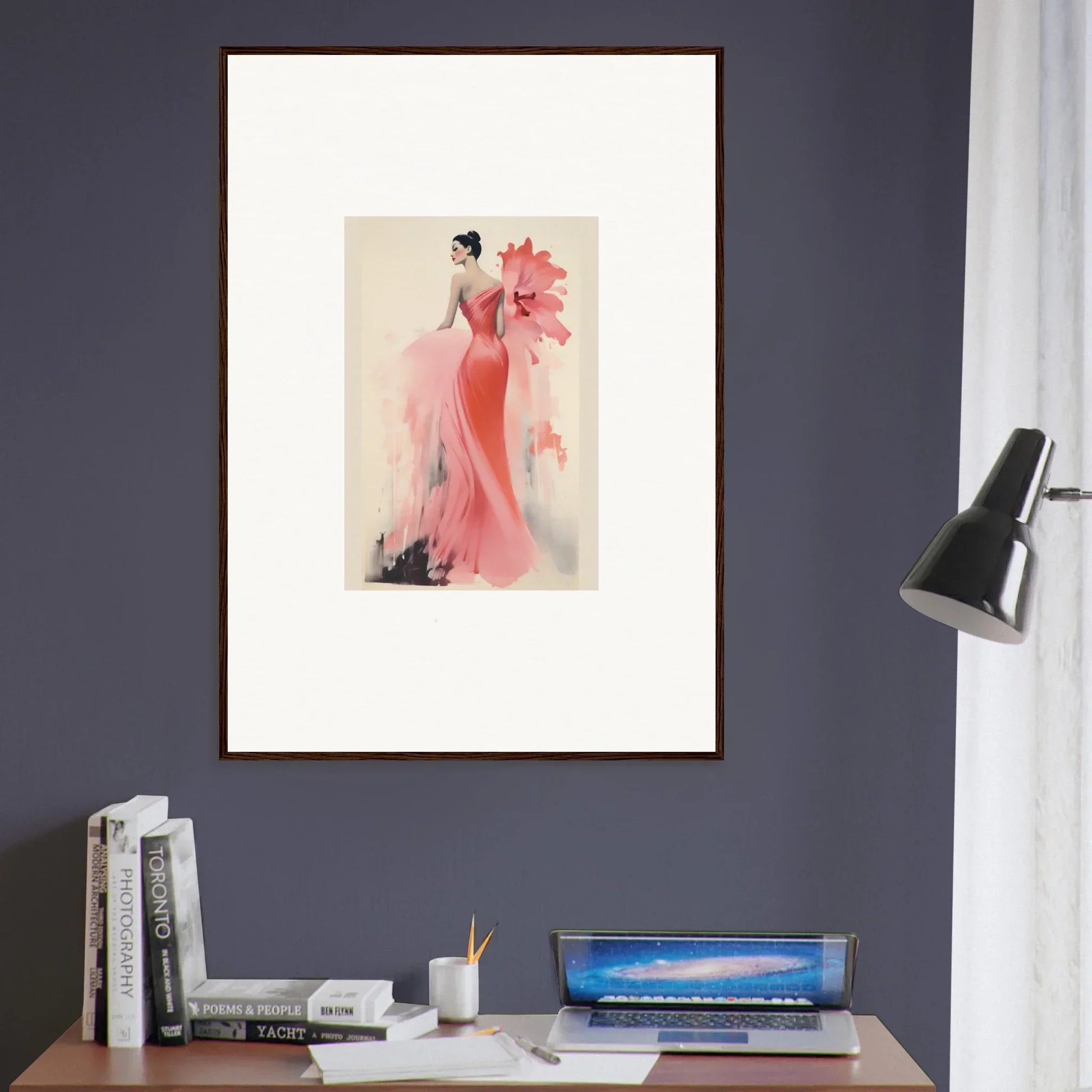 Framed wall art of Petal’ed Reverie Silence featuring a pink evening gown with floral accents