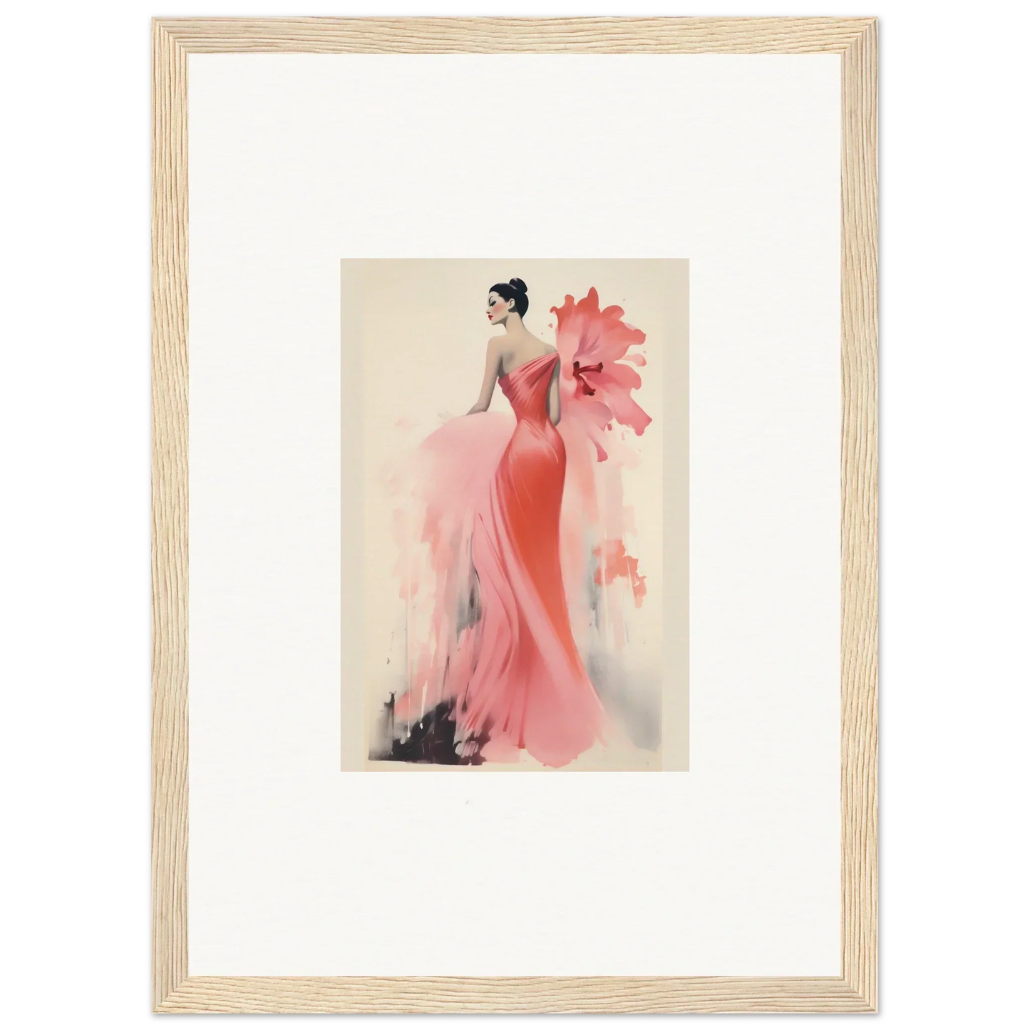 Elegant fashion illustration of a coral evening gown for Petal’ed Reverie Silence