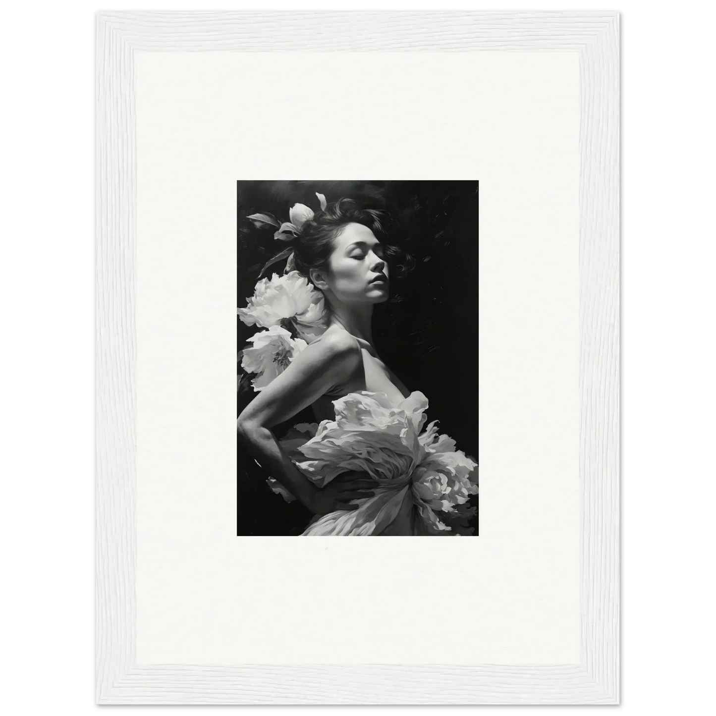 Black and white photo of woman in floral dress, perfect for Dreaming Nuit canvas print