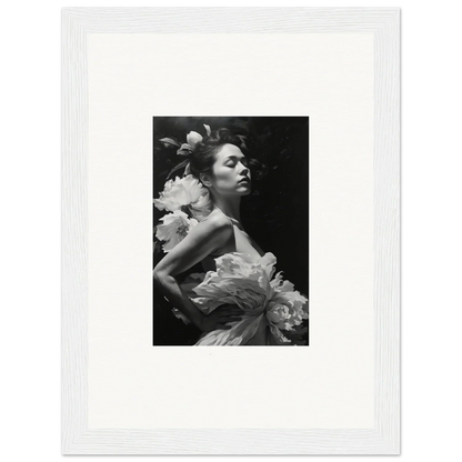 Black and white photo of woman in floral dress, perfect for Dreaming Nuit canvas print