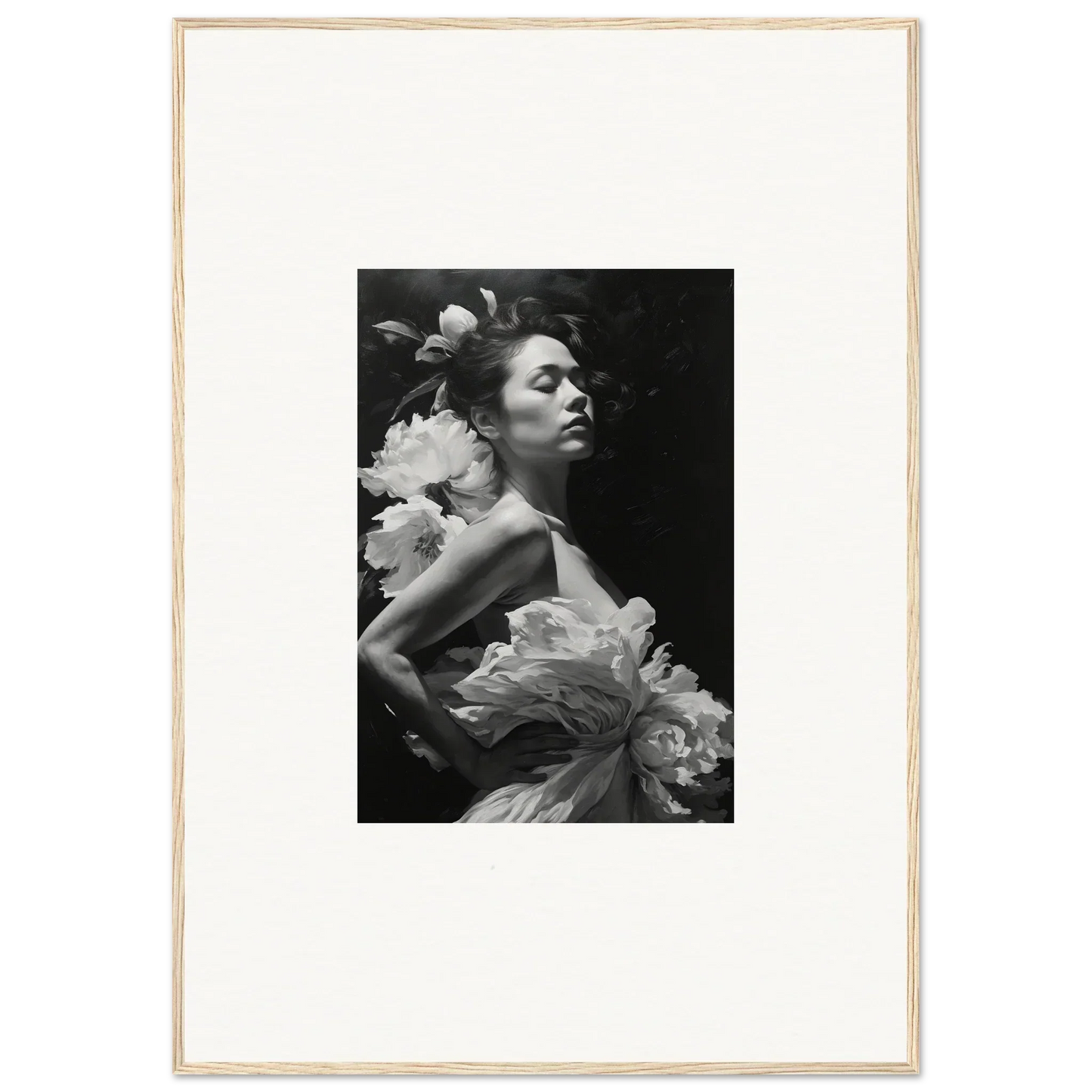 Black and white photo of a woman in floral dress, perfect for Dreaming Nuit canvas print