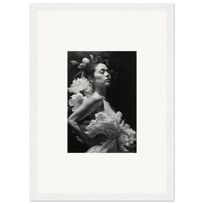 Black and white portrait of a woman with flowers, perfect for Dreaming Nuit room decoration