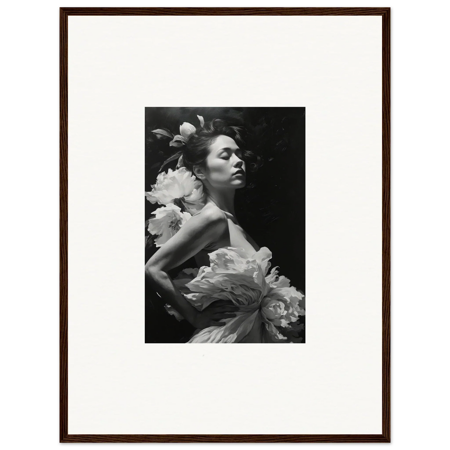 Black and white photo of a woman in a floral dress, perfect for Dreaming Nuit canvas print