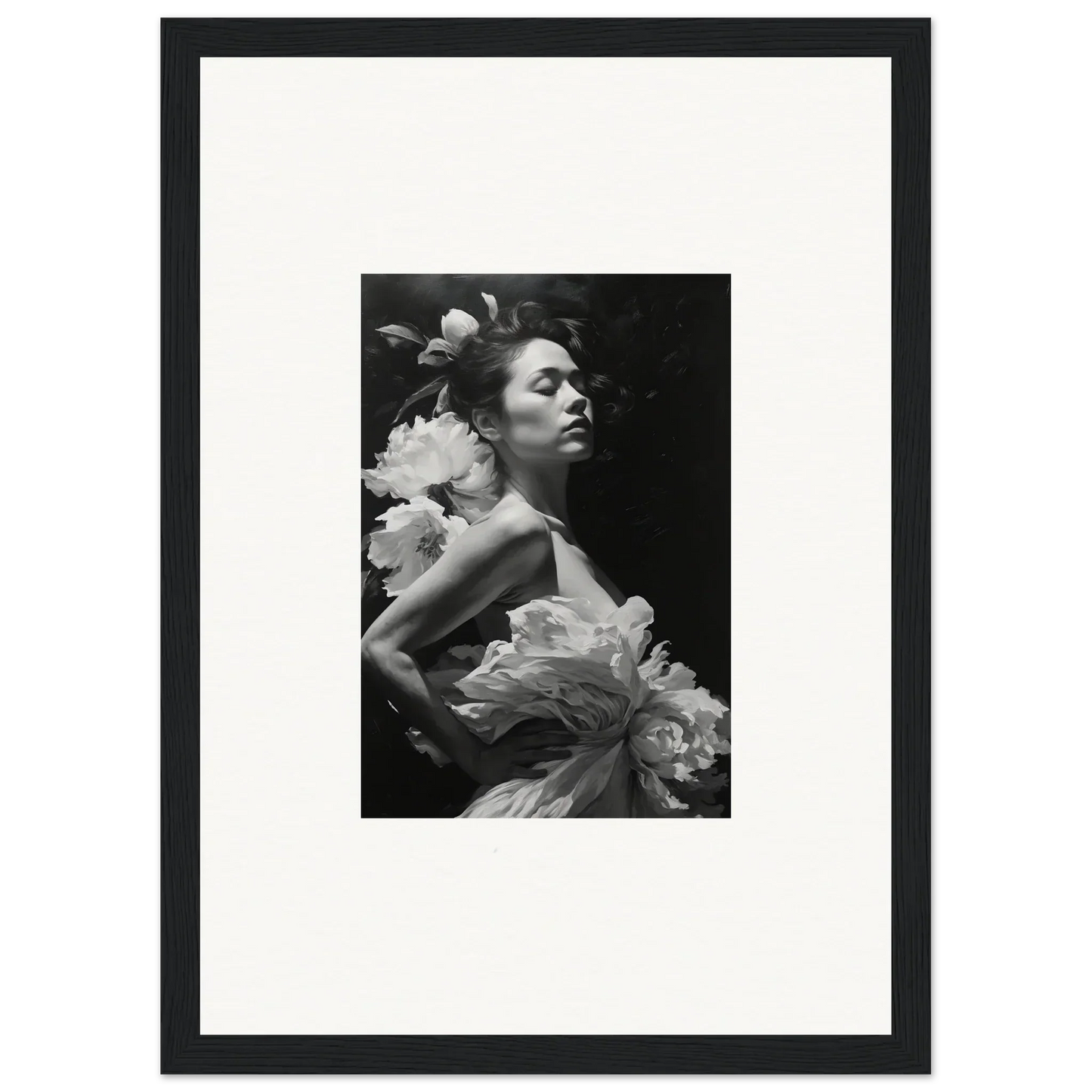 Black and white image of a woman in a floral dress for Dreaming Nuit canvas print